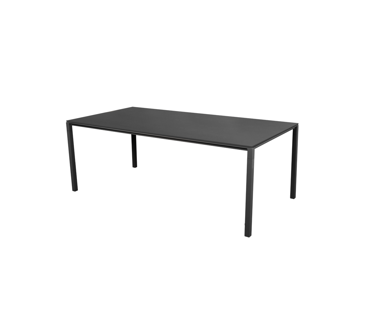 Een strak zwart tafel met een minimalistisch ontwerp met vier rechte poten. Geschikt voor verschillende omgevingen en doeleinden.
