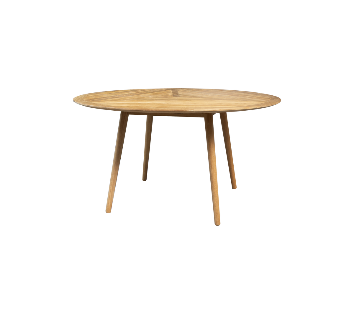 Ronde houten tafel met een glad oppervlak en slanke poten, ontworpen voor stijlvolle en functionele eet- of werkruimte.