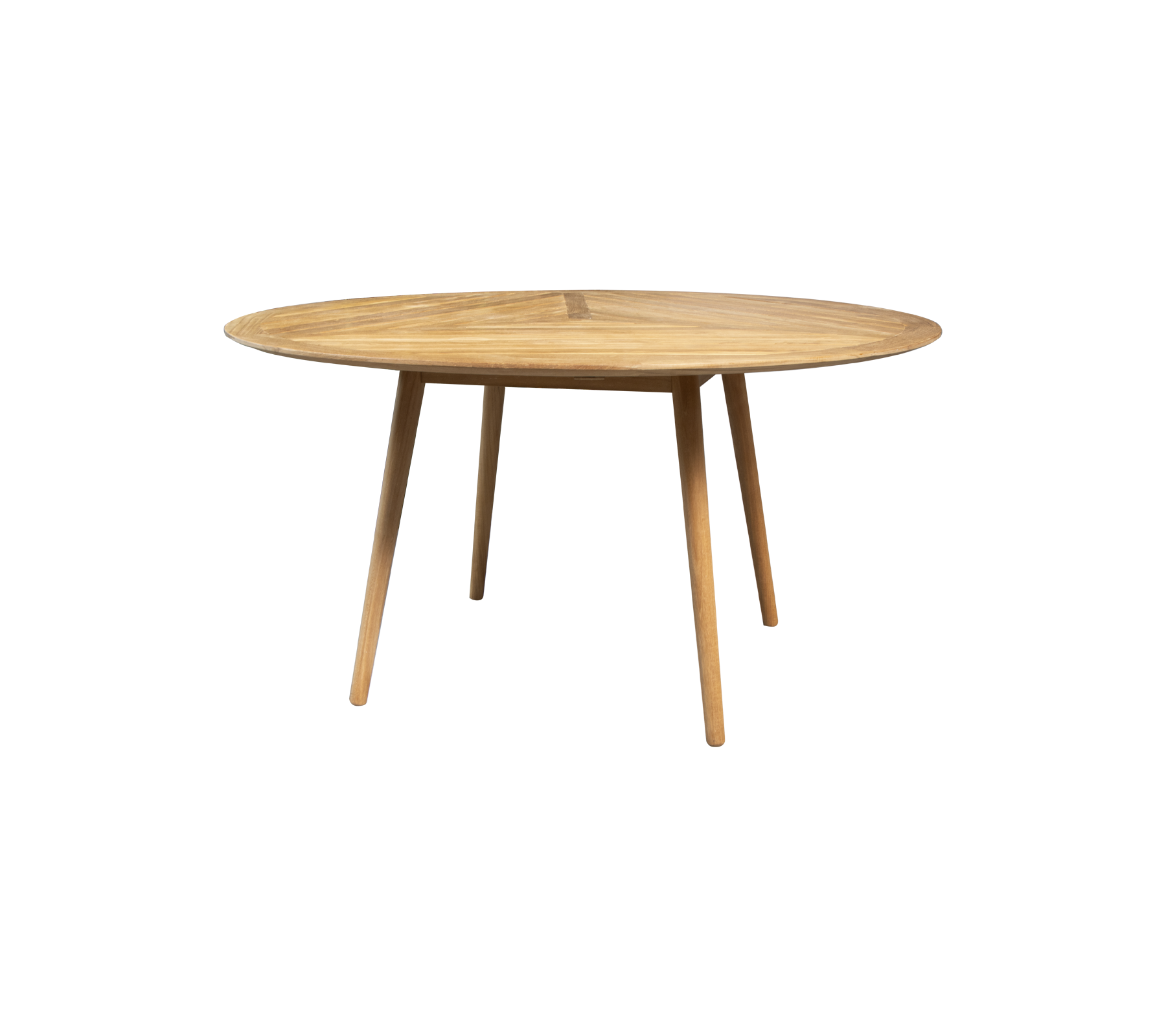 Ronde houten tafel met een gladde oppervlakte en vier taps toelopende poten, ontworpen voor veelzijdige eet- of werkopstellingen.