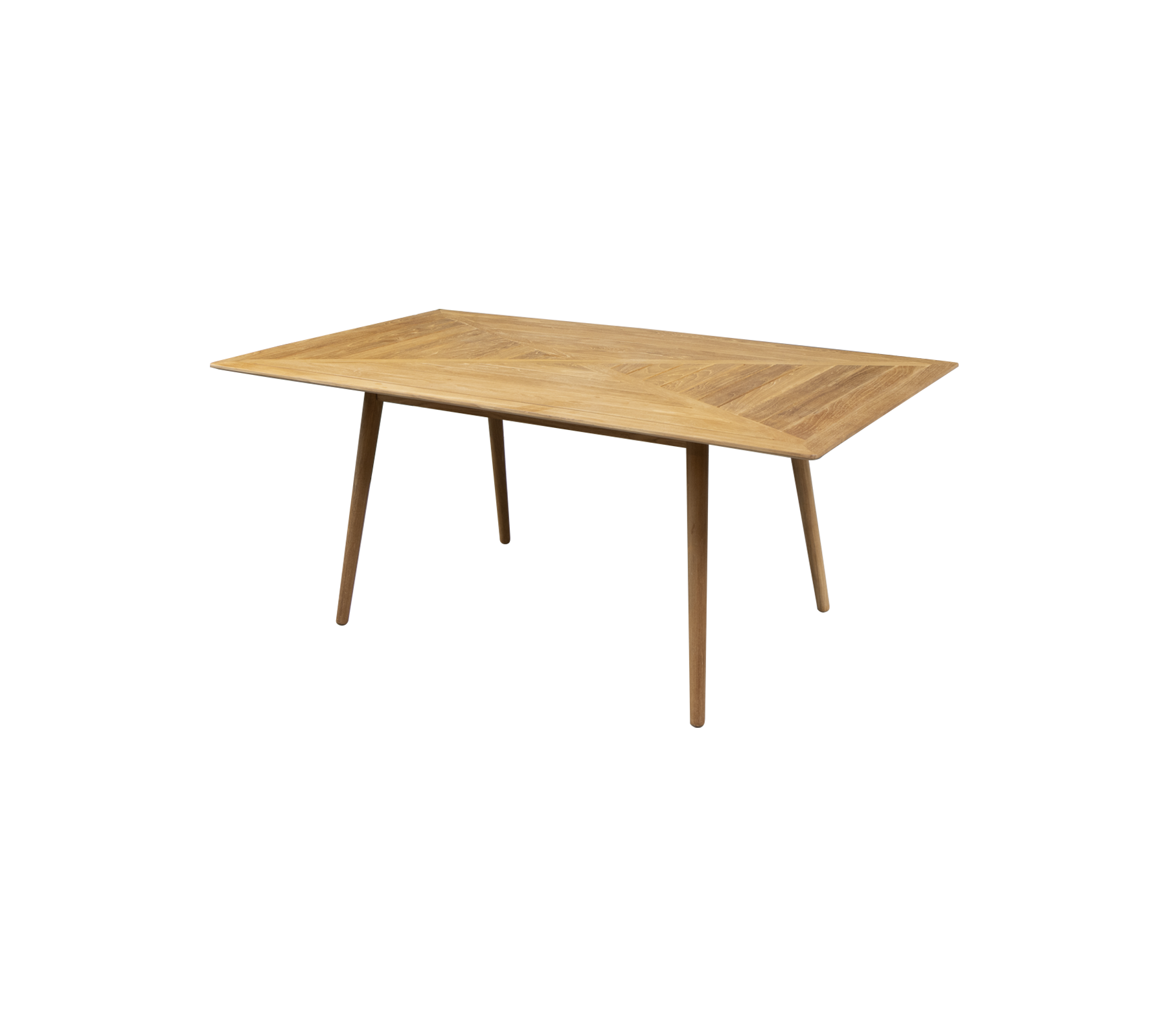 Rechthoekige houten tafel met een lichte afwerking en taps toelopende poten, perfect voor gebruik als eettafel of werkplek. Eenvoudig en modern ontwerp.