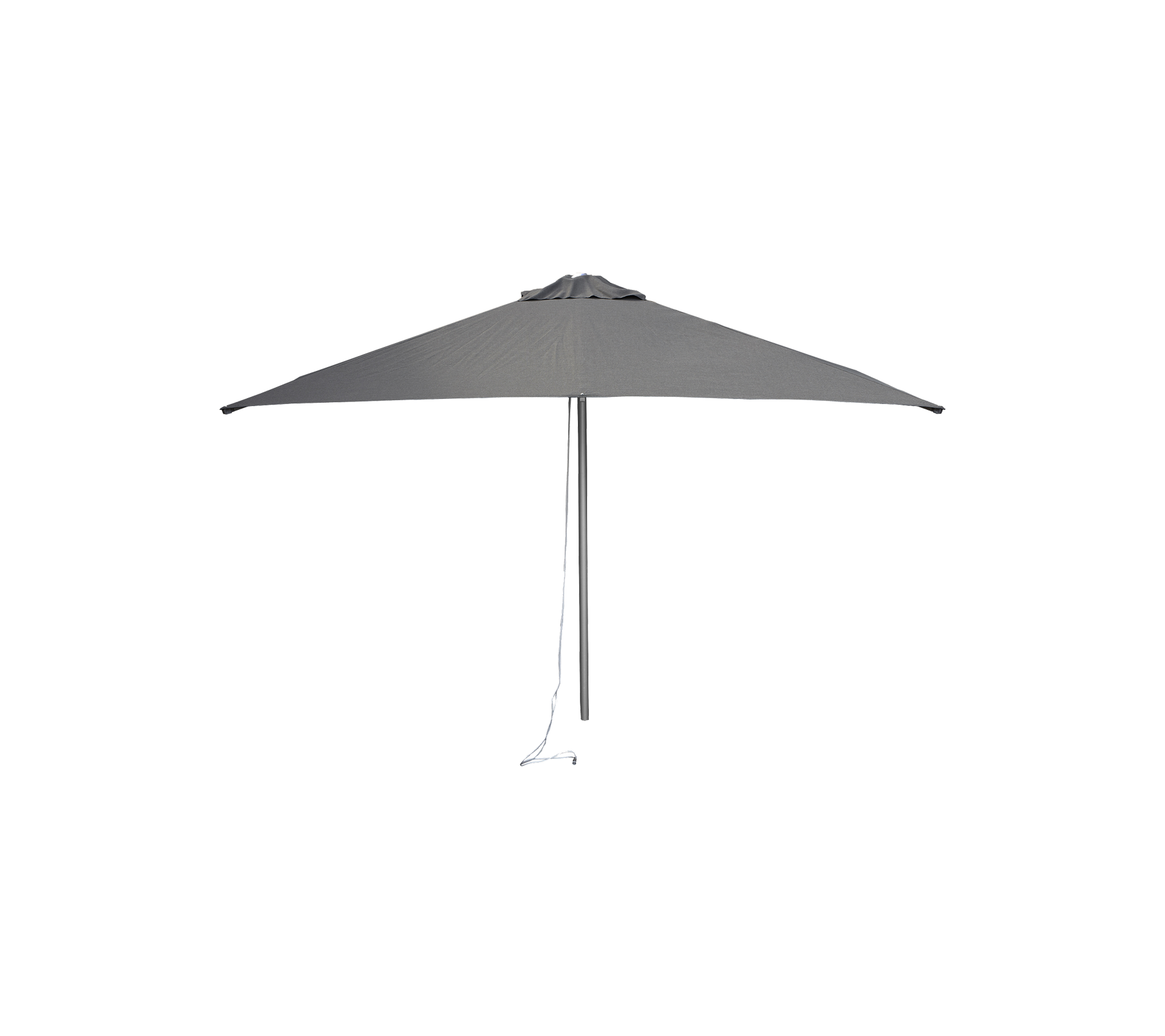 Een stijlvolle, grijze paraplu met een driehoekig canopy ontwerp en een stevige steunpaal, voorzien van een trekkoord voor eenvoudige aanpassing.