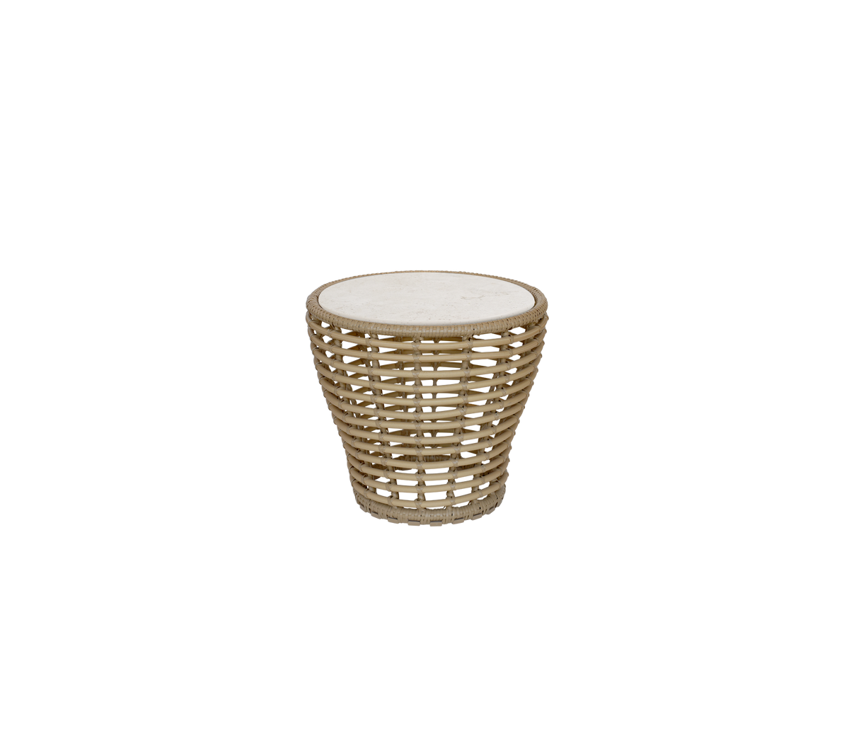 Natuurlijke tafel met een ronde bovenkant en geweven ontwerp.