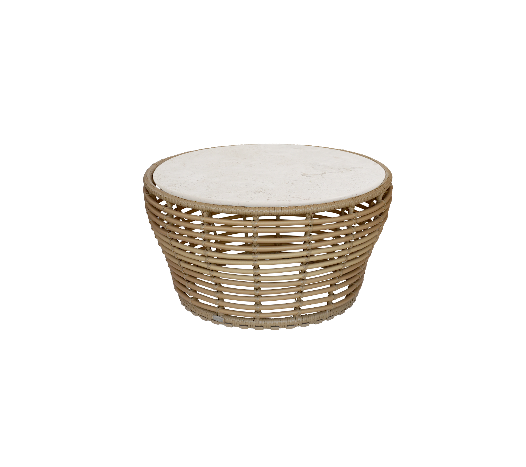 Ronde tafel met een natuurlijke afwerking en een lichtgekleurde bovenkant.