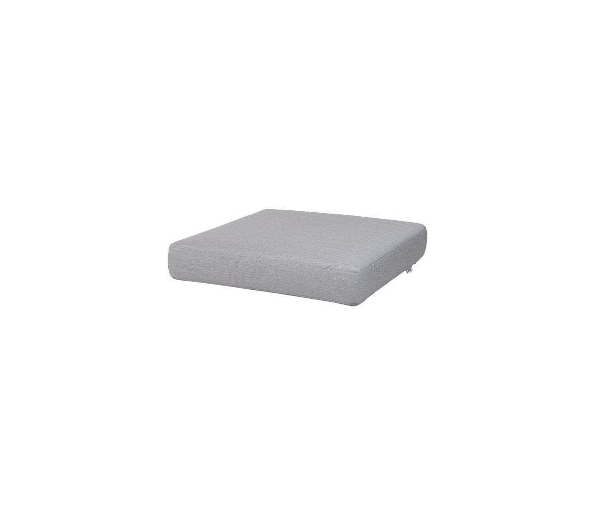 Grijs vierkant kussen met een gladde oppervlakte, ontworpen voor veelzijdig zitten of decoratieve doeleinden.