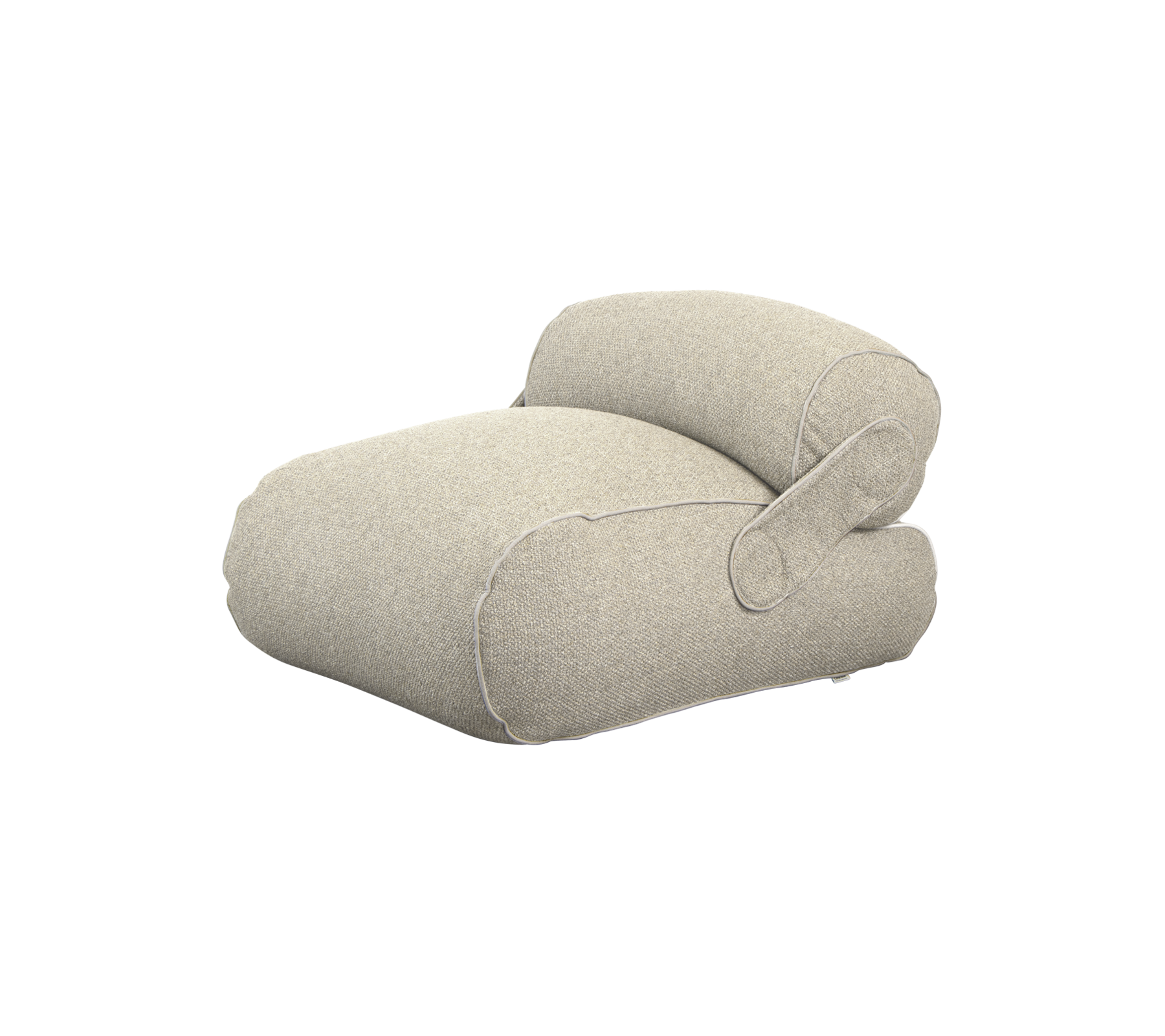 Gezellige, moderne kussen met een afgerond ontwerp en armleuning, bekleed met een zachte, lichte stof voor comfort en stijl.