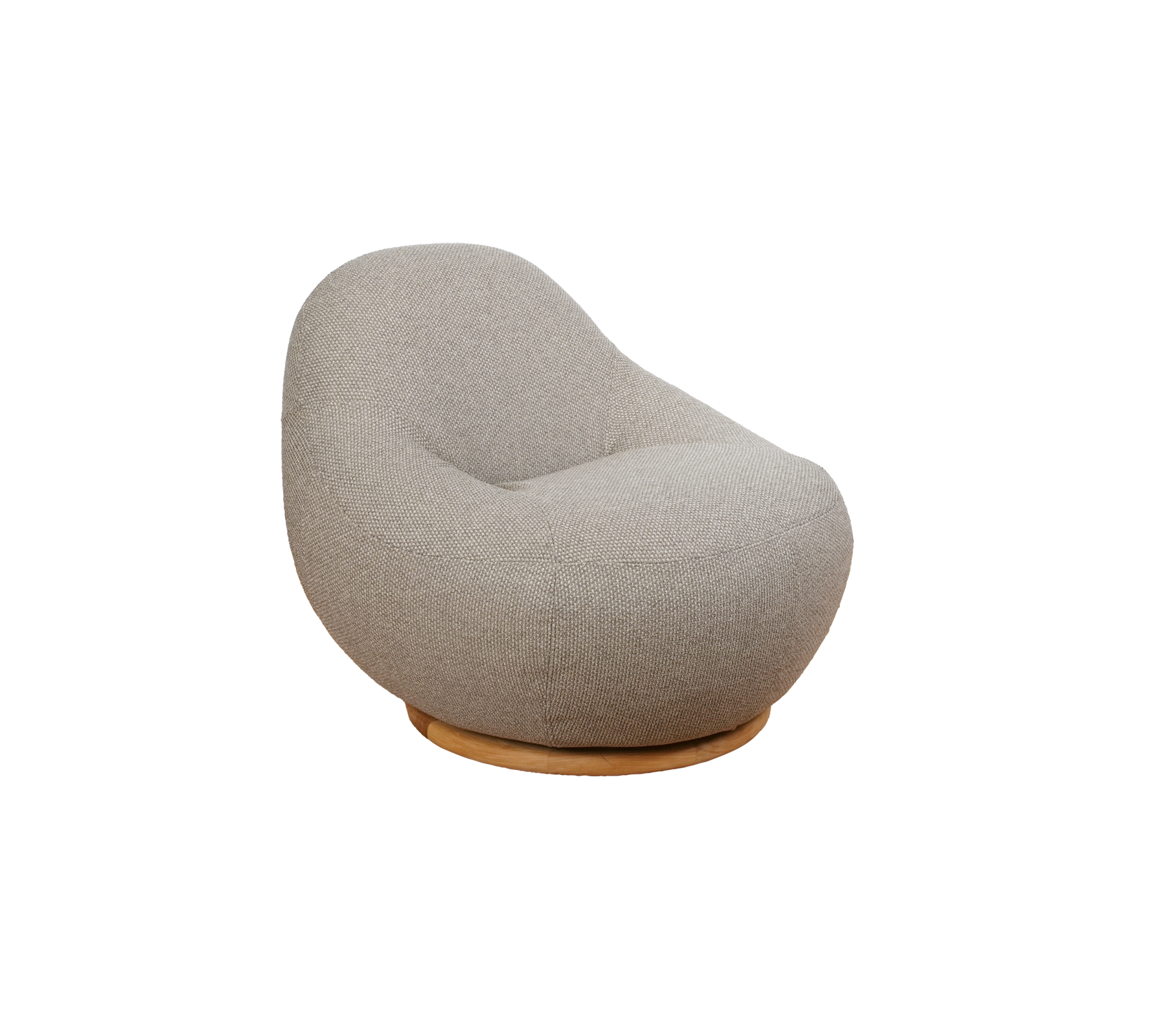 Lichtbruine moderne lounge stoel met een unieke ronde vorm.