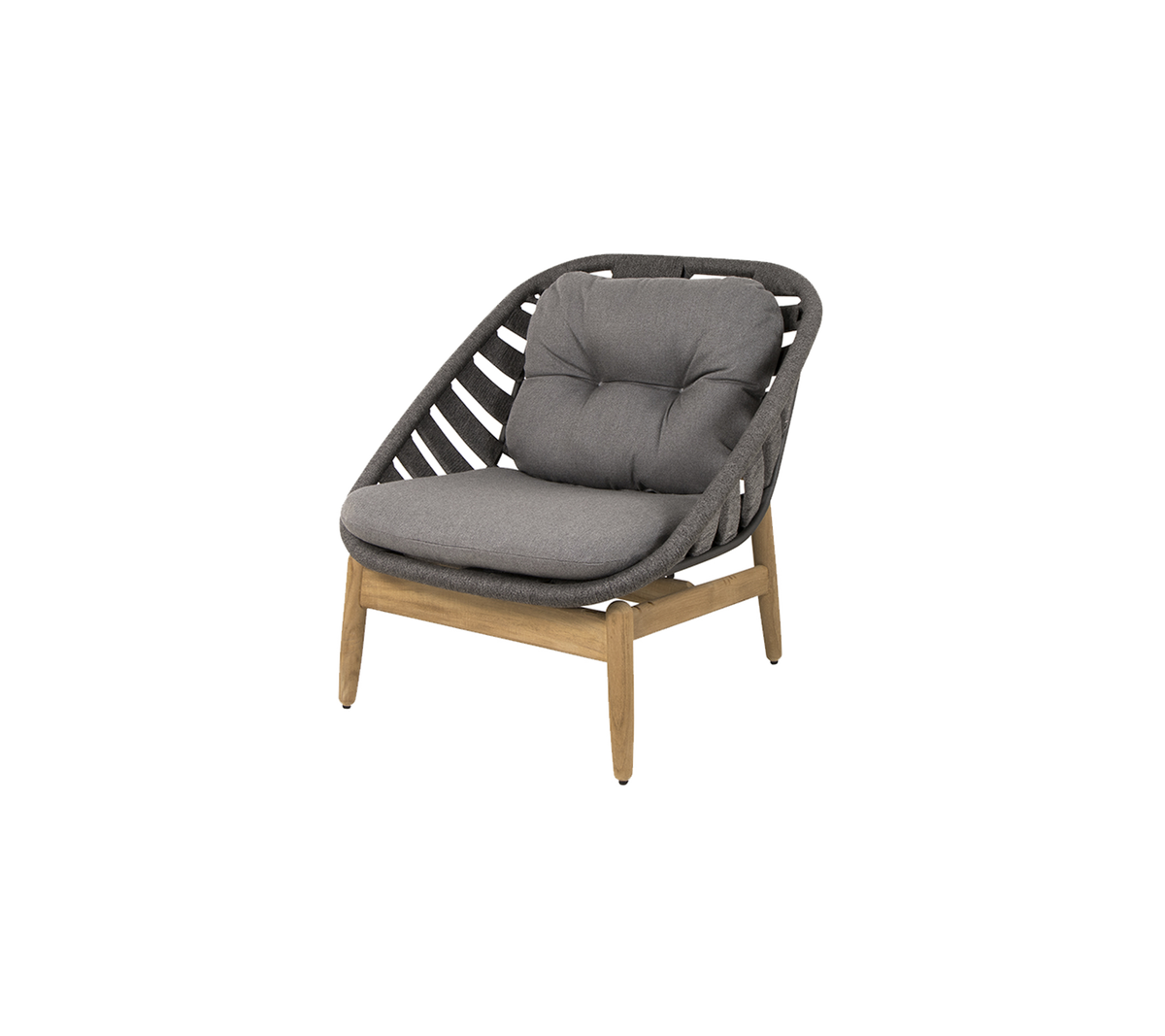 Stijlvolle stoel met een gevoerd zitvlak in grijs en een houten frame, met een uniek geweven design voor moderne decoratie.