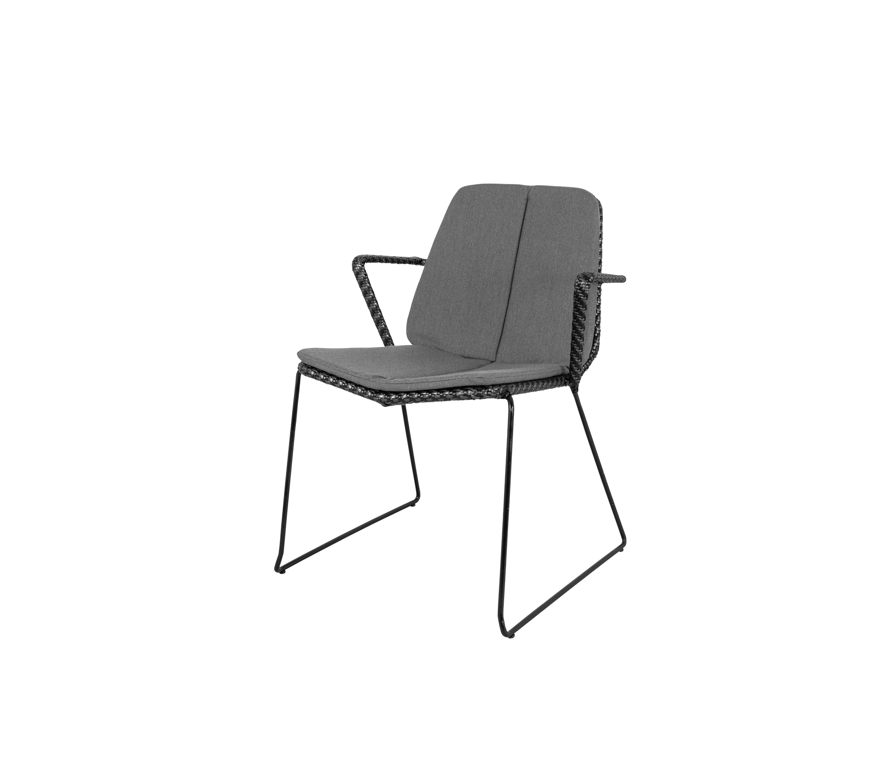 Stijlvolle stoel met een slank ontwerp, met een comfortabele zitting en rugleuning, gesteund door een stevige metalen frame.