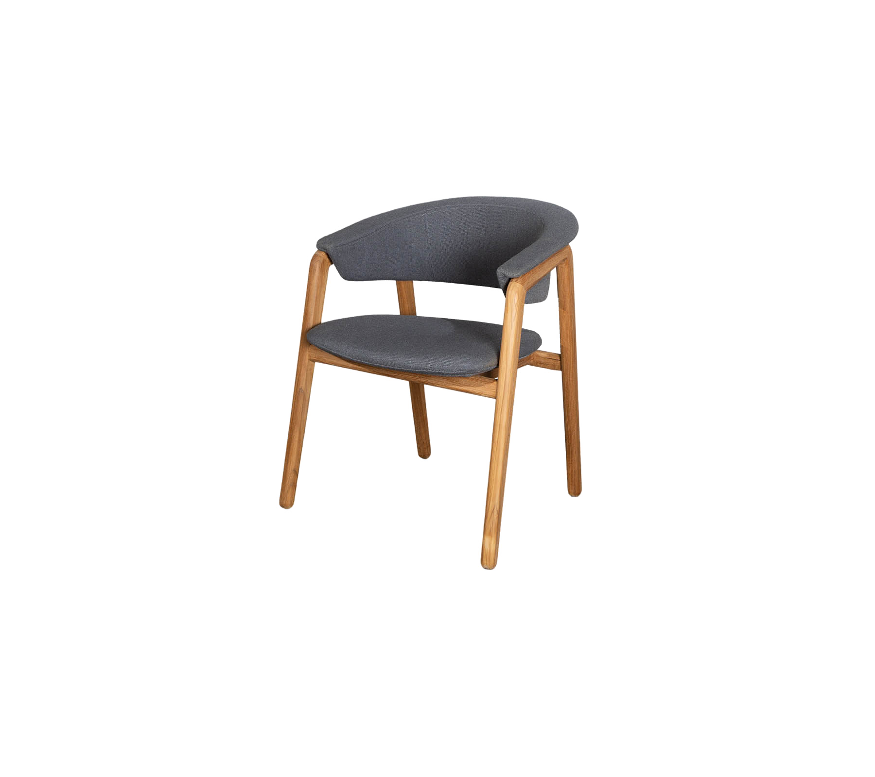 Stijlvolle stoel met een grijze stoffen zitting en een gebogen rugleuning, ondersteund door natuurlijke houten poten, die moderne comfort en esthetische aantrekkingskracht biedt.