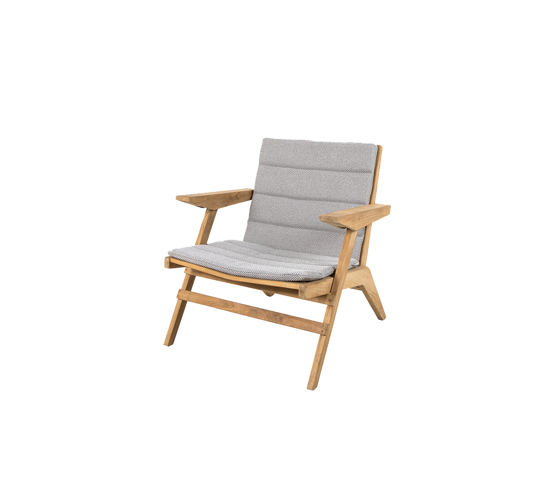 Stijlvolle lounge stoel met een houten frame en zachte grijze kussens, ontworpen voor comfort en moderne esthetiek.