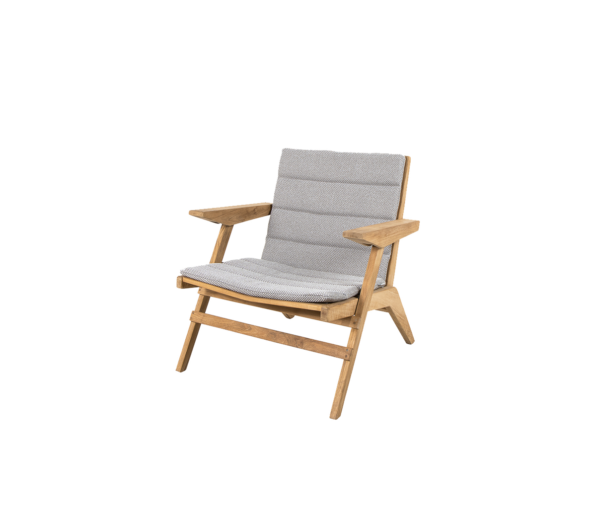 Stijlvolle lounge stoel met een houten frame en zachte grijze kussens, ontworpen voor comfort en moderne esthetiek.