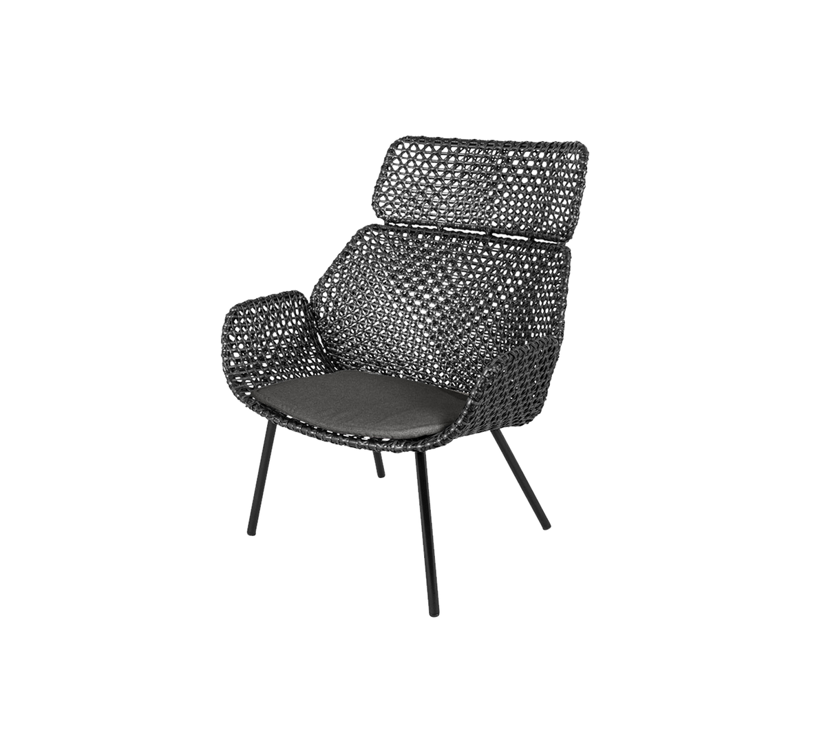 Stijlvolle zwarte stoel met een geweven ontwerp en voering, met een gebogen rugleuning en slanke poten voor modern zitten.