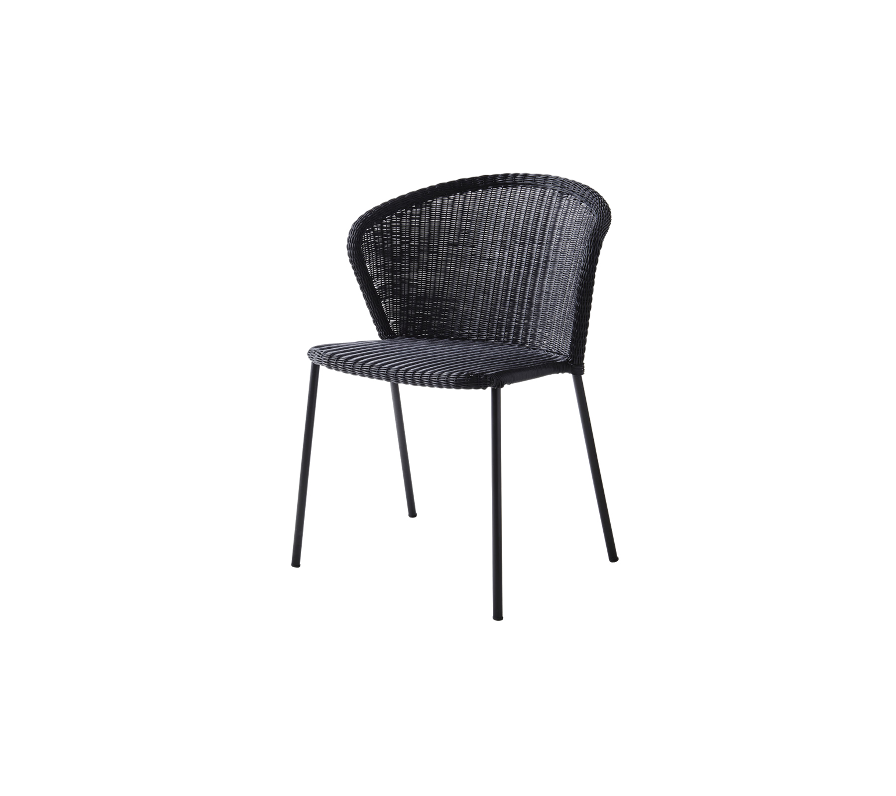 Stijlvolle zwarte geweven stoel met een gebogen rugleuning en slanke metalen poten, perfect voor moderne of eigentijdse settings.