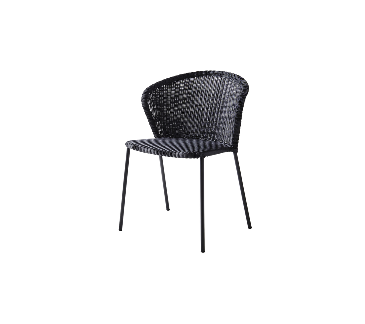 Stijlvolle zwarte geweven stoel met een gebogen rugleuning en slanke metalen poten, perfect voor moderne of eigentijdse settings.
