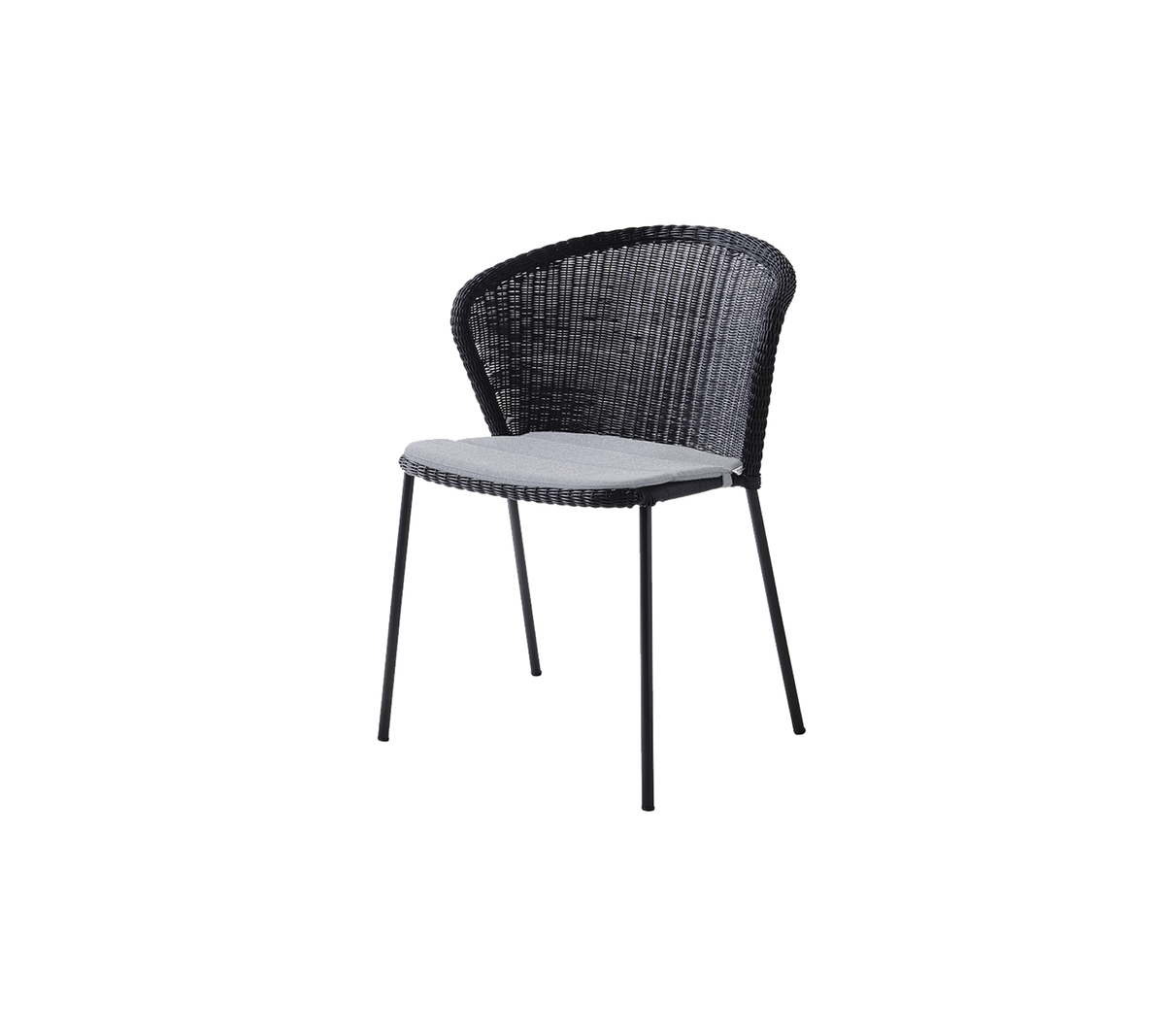 Stijlvolle zwarte stoel met een geweven ontwerp en een comfortabele lichtgekleurde zitting. Ideaal voor moderne decoratie en informele zitgelegenheid.