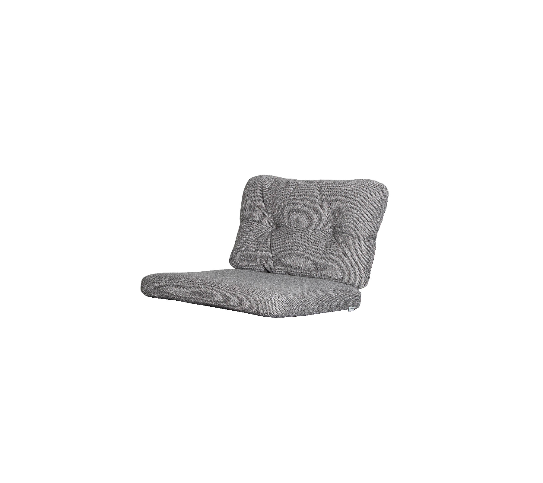 Grijze gestoffeerde loungestoel met een getuftte rugleuning en een laag profiel, ideaal voor casual zitten en ontspannen loungen.
