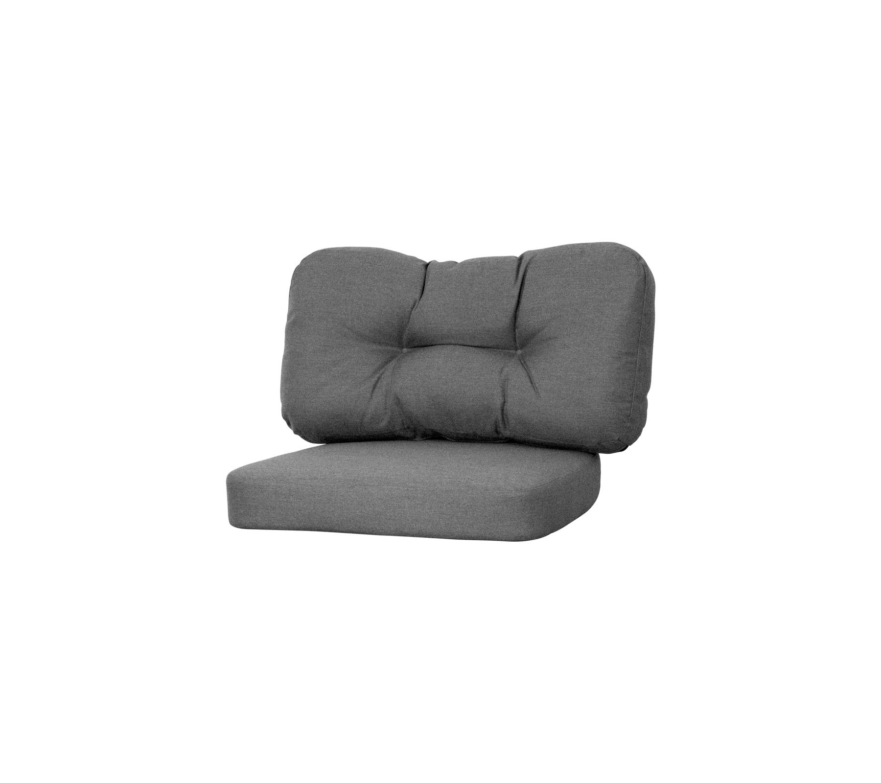 Grijzegepolsterde lounge stoel met een pluche rugleuning en zitting, met tufted details voor extra comfort en stijl.