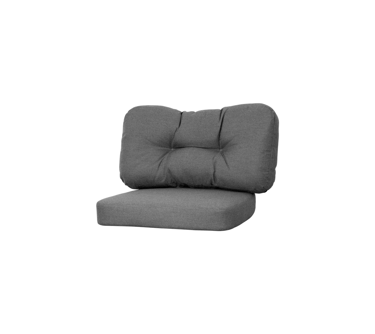 Grijzegepolsterde lounge stoel met een pluche rugleuning en zitting, met tufted details voor extra comfort en stijl.