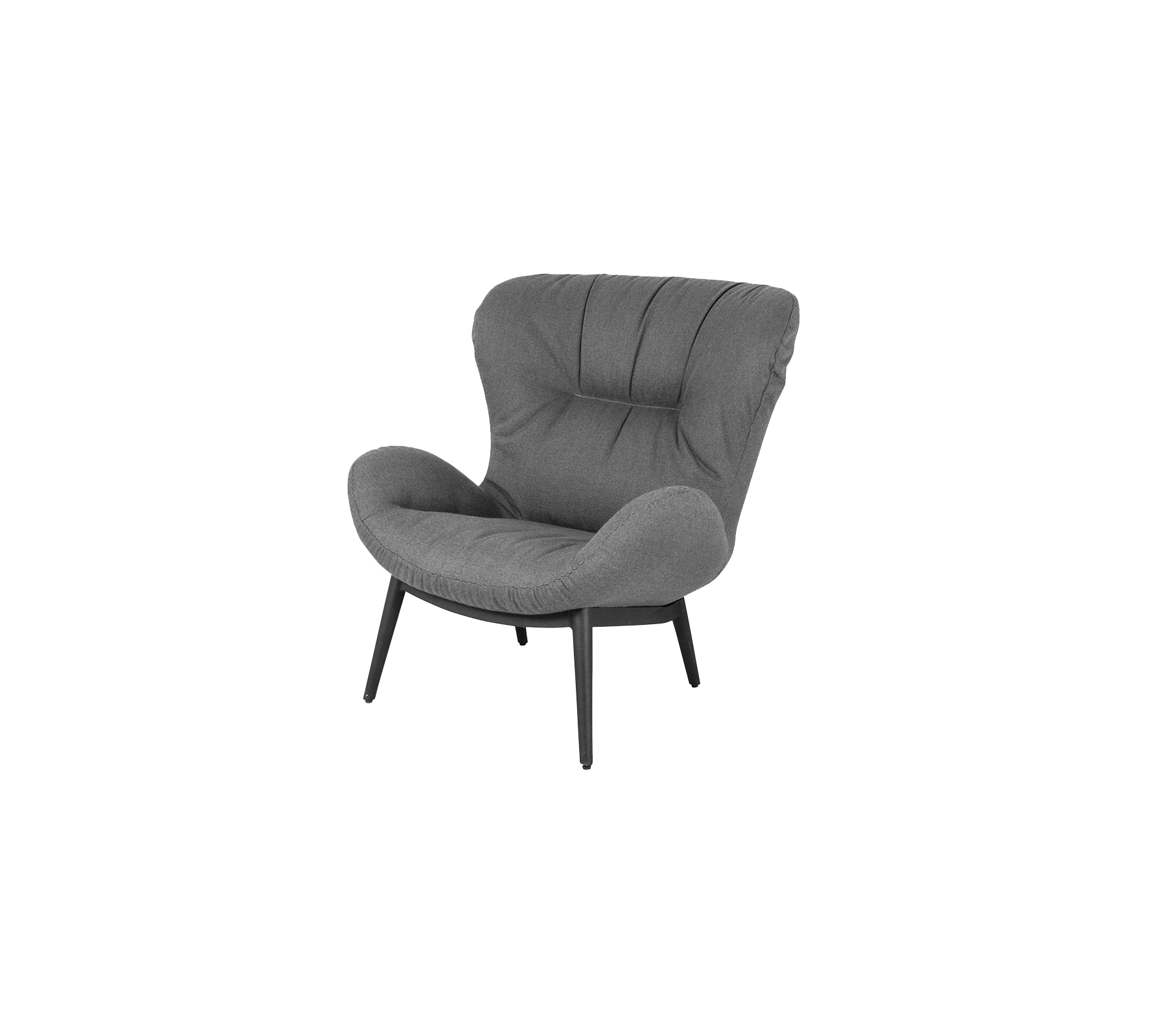 Gezellige grijze accentstoel met een pluizig, krom design en vier slanke benen, die een moderne touch aan elke ruimte toevoegen.