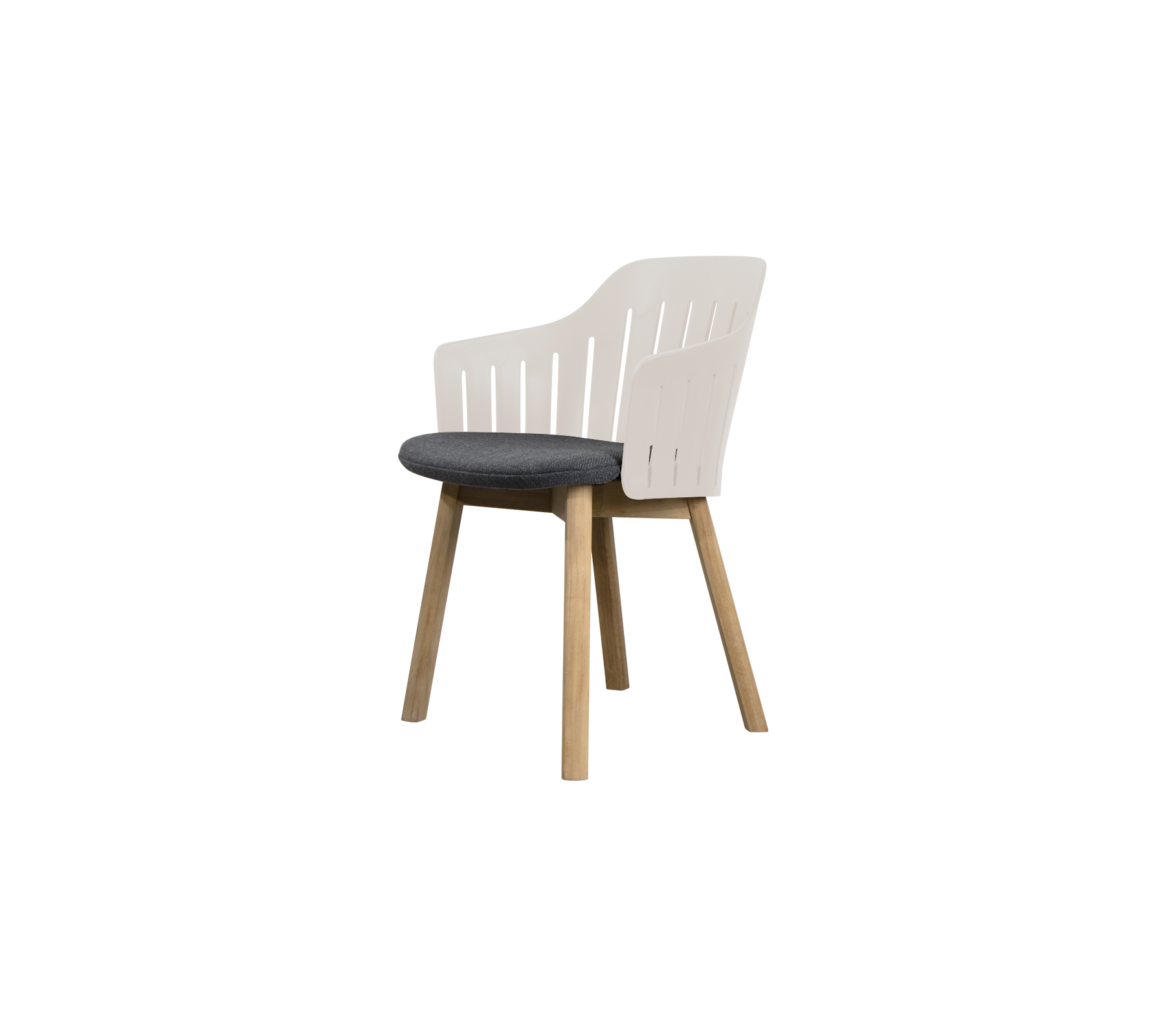 Moderne witte stoel met grijze kussen.
