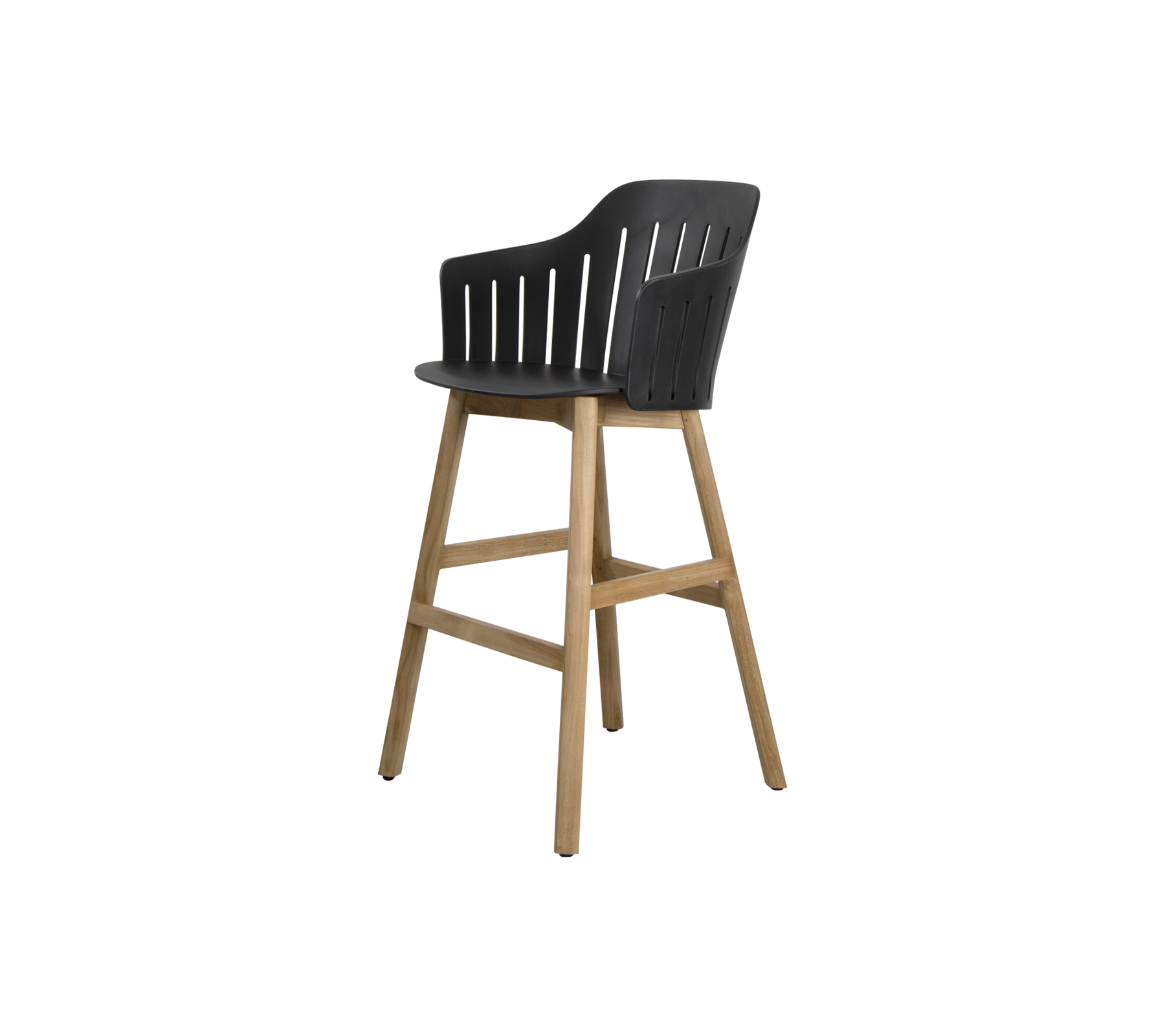 Stijlvolle hoge stoel met een slank zwart zitvlak met verticale lamellen en een natuurlijk houten frame voor een modern tintje. Perfect voor eetruimtes.