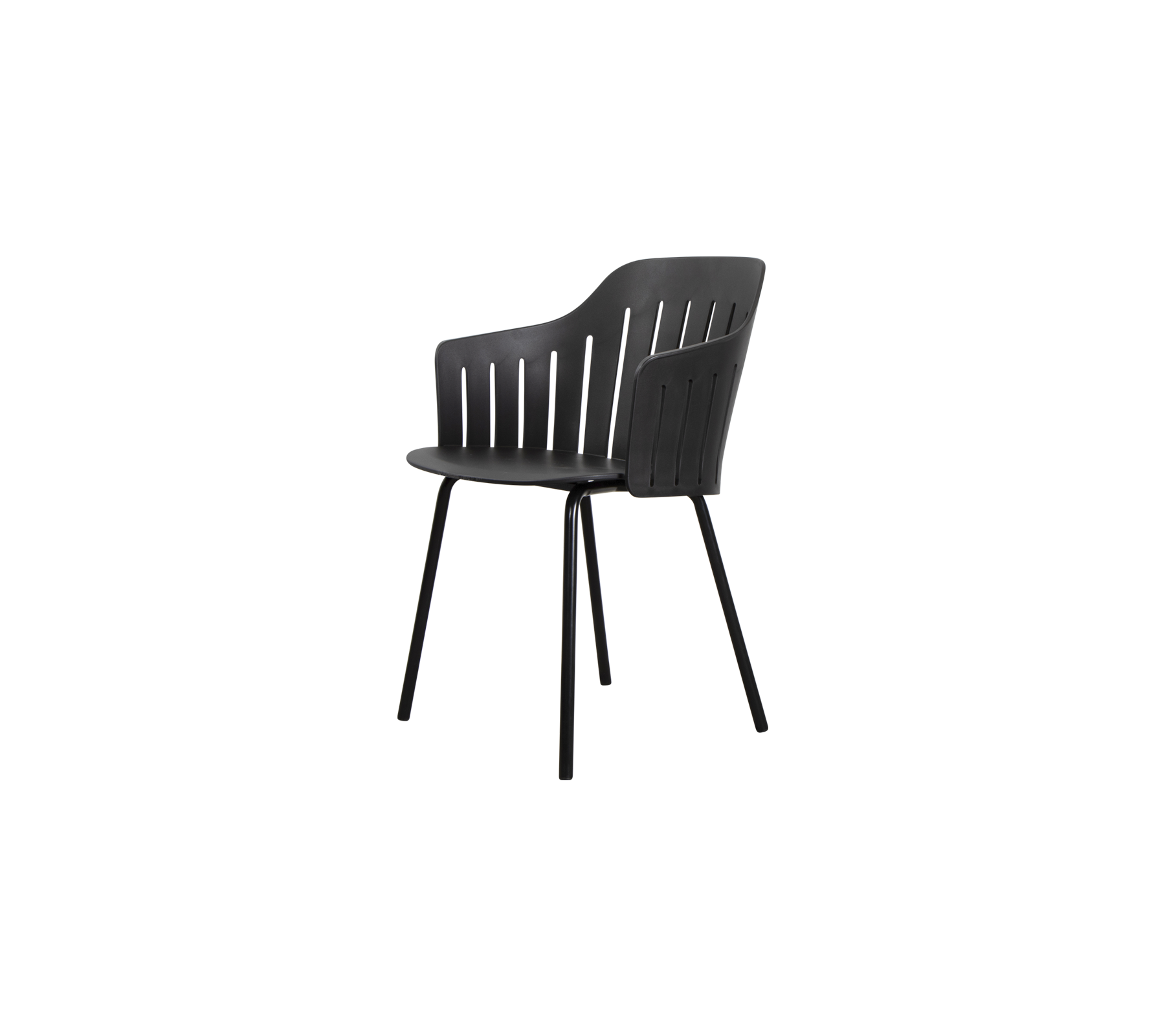 Stijlvolle zwarte stoel met een lattenrug ontwerp, met duurzame benen voor stabiliteit en een ergonomische vorm voor comfort.