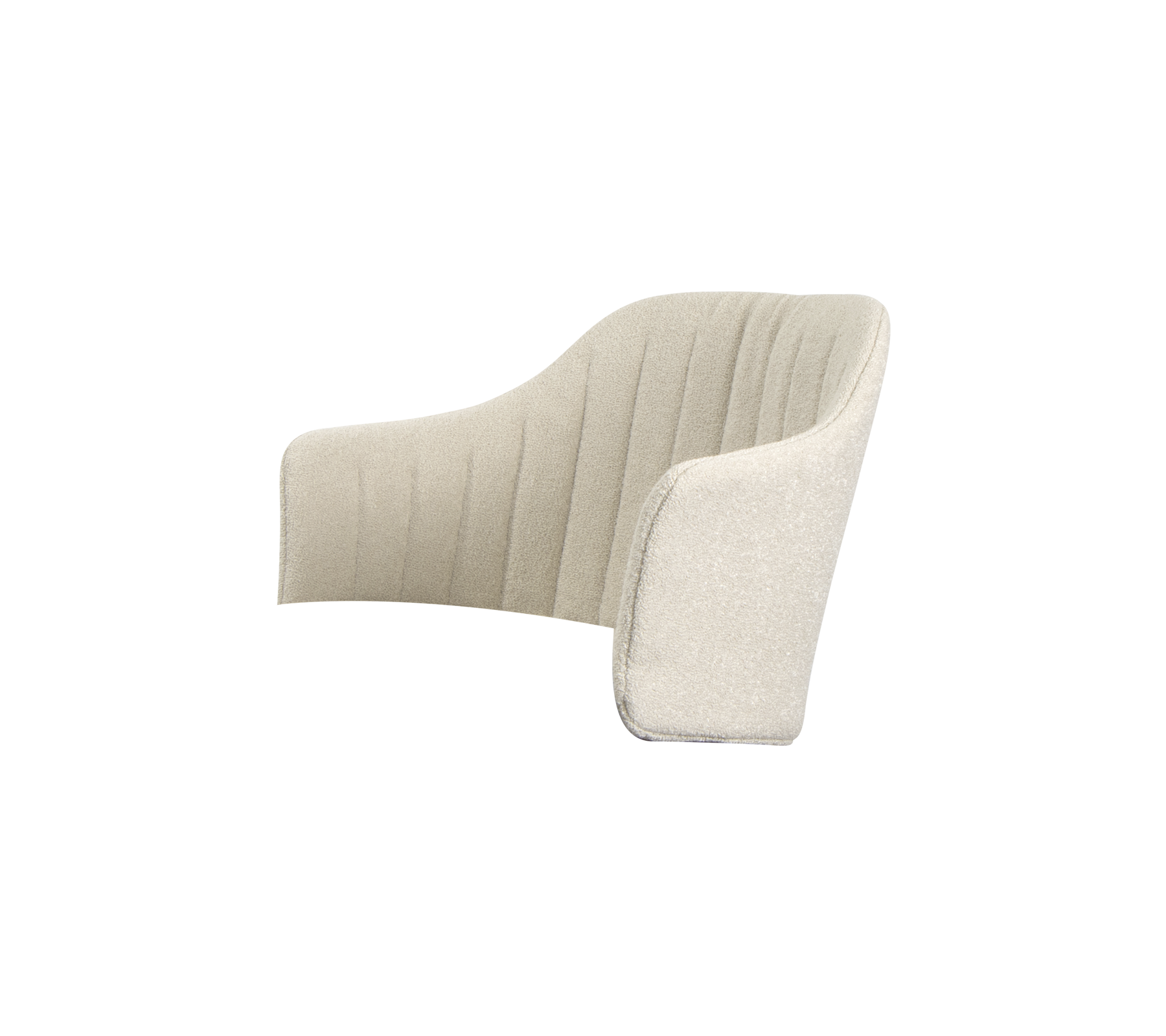 Hedendaagse gestoffeerde stoel met een zachte, gebogen vorm en verticale stiksels, die een moderne esthetiek en comfort biedt.