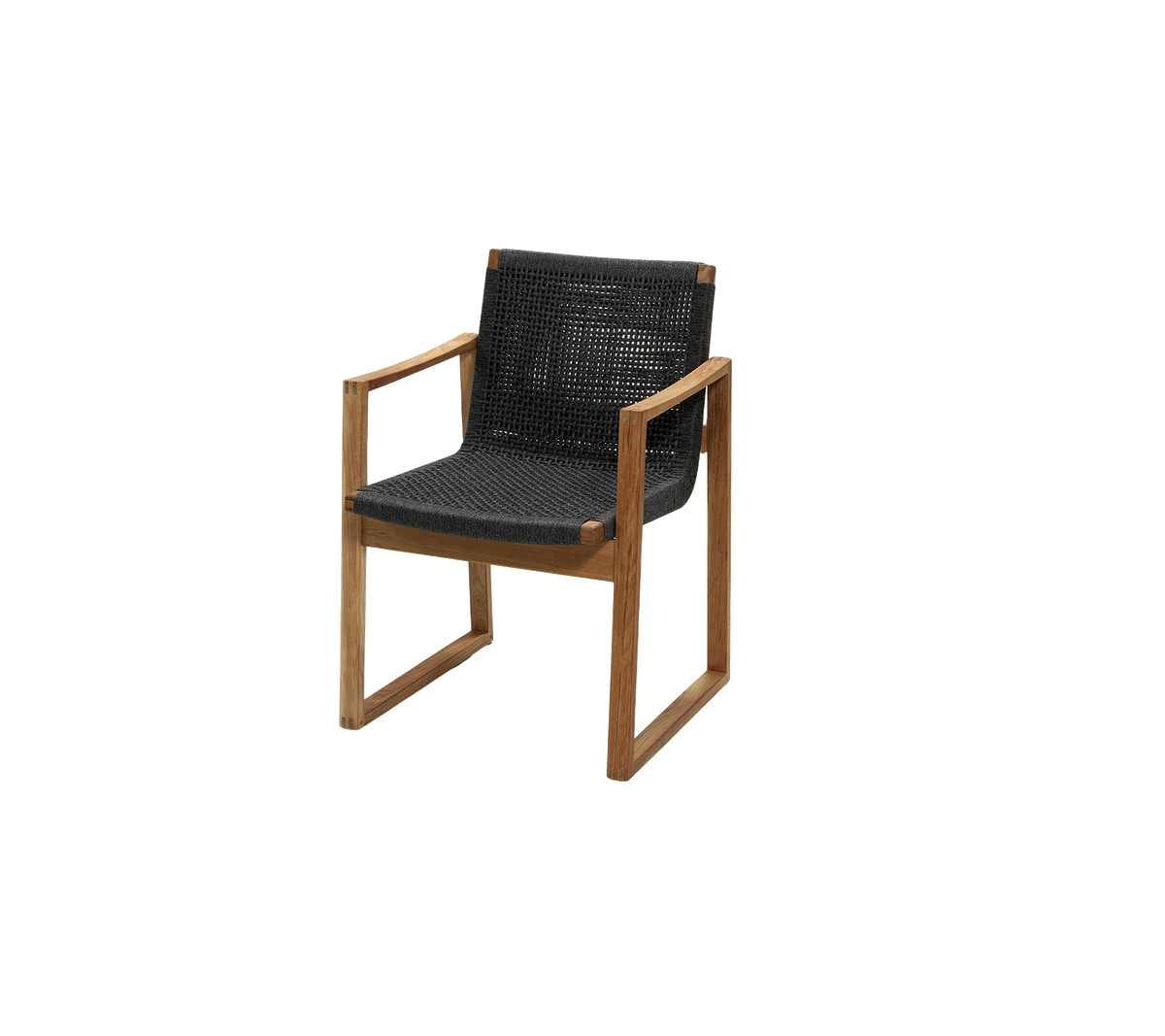 Stijlvolle stoel met een slank houten frame en een comfortabele zwarte geweven zitting en rugleuning. Ideaal voor moderne inrichting.
