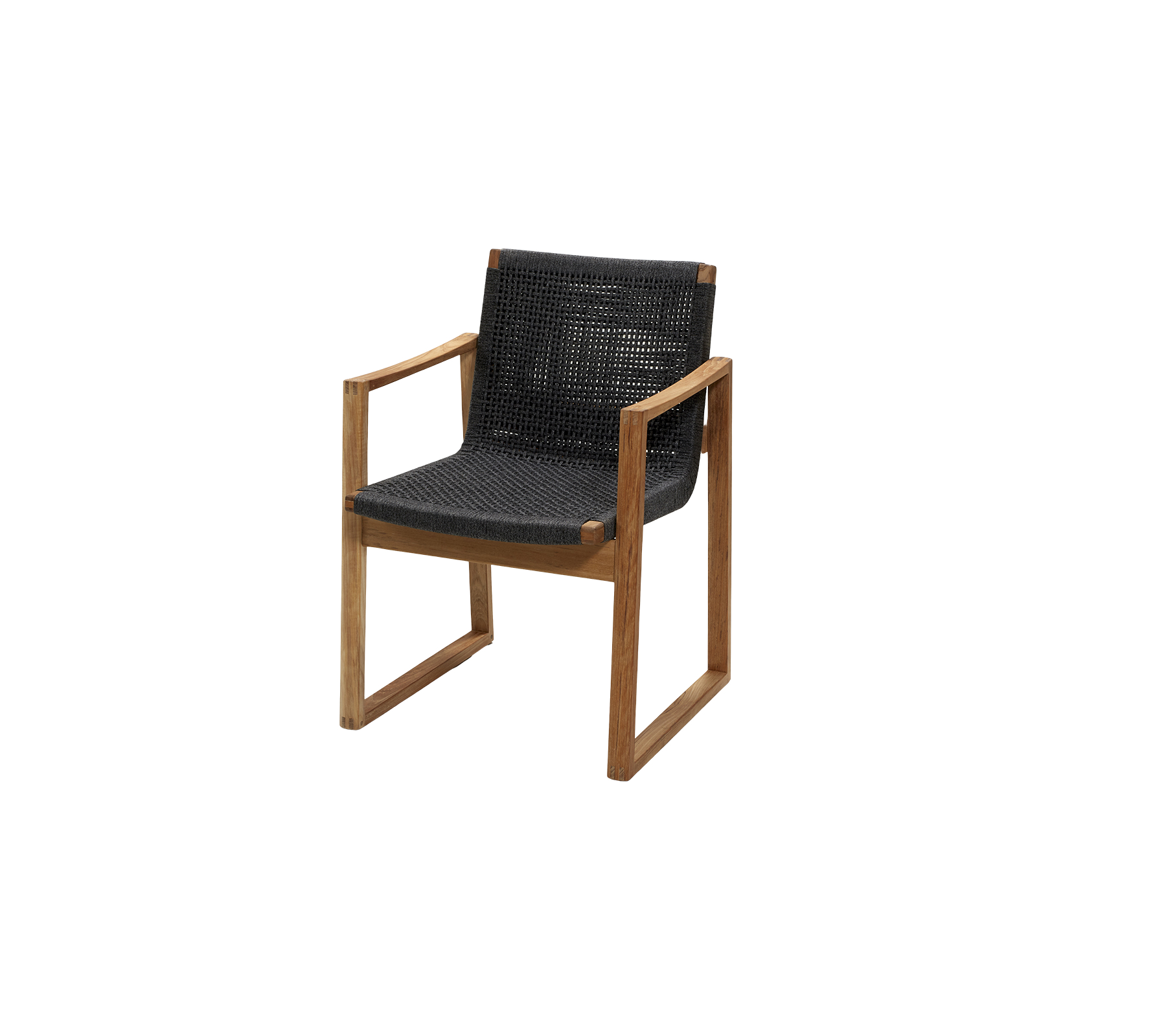 Stijlvolle stoel met een slank houten frame en een comfortabele zwarte geweven zitting en rugleuning. Ideaal voor moderne inrichting.