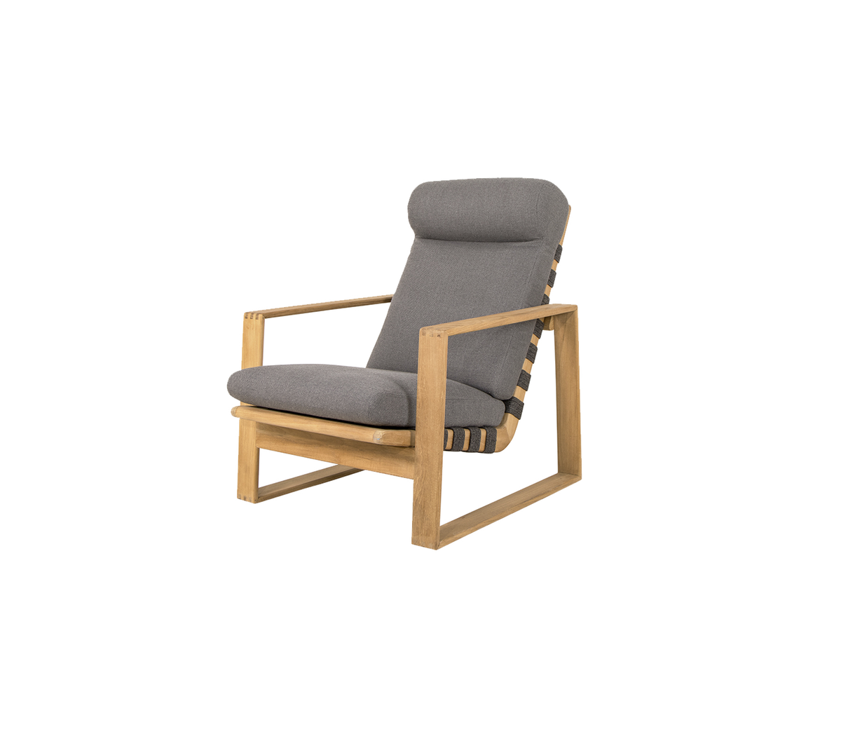 Stijlvolle stoel met een houten frame en comfortabele grijze kussens, perfect voor ontspanning en moderne decoratie.