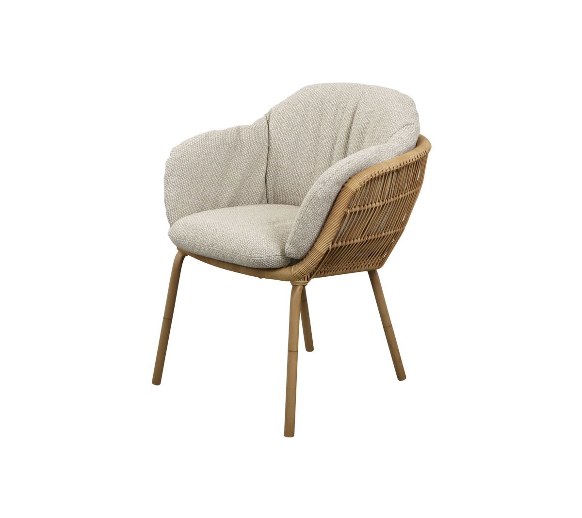 Stijlvolle gebogen stoel met een geweven frame en zachte stoffen bekleding, die comfort en een moderne esthetiek biedt.