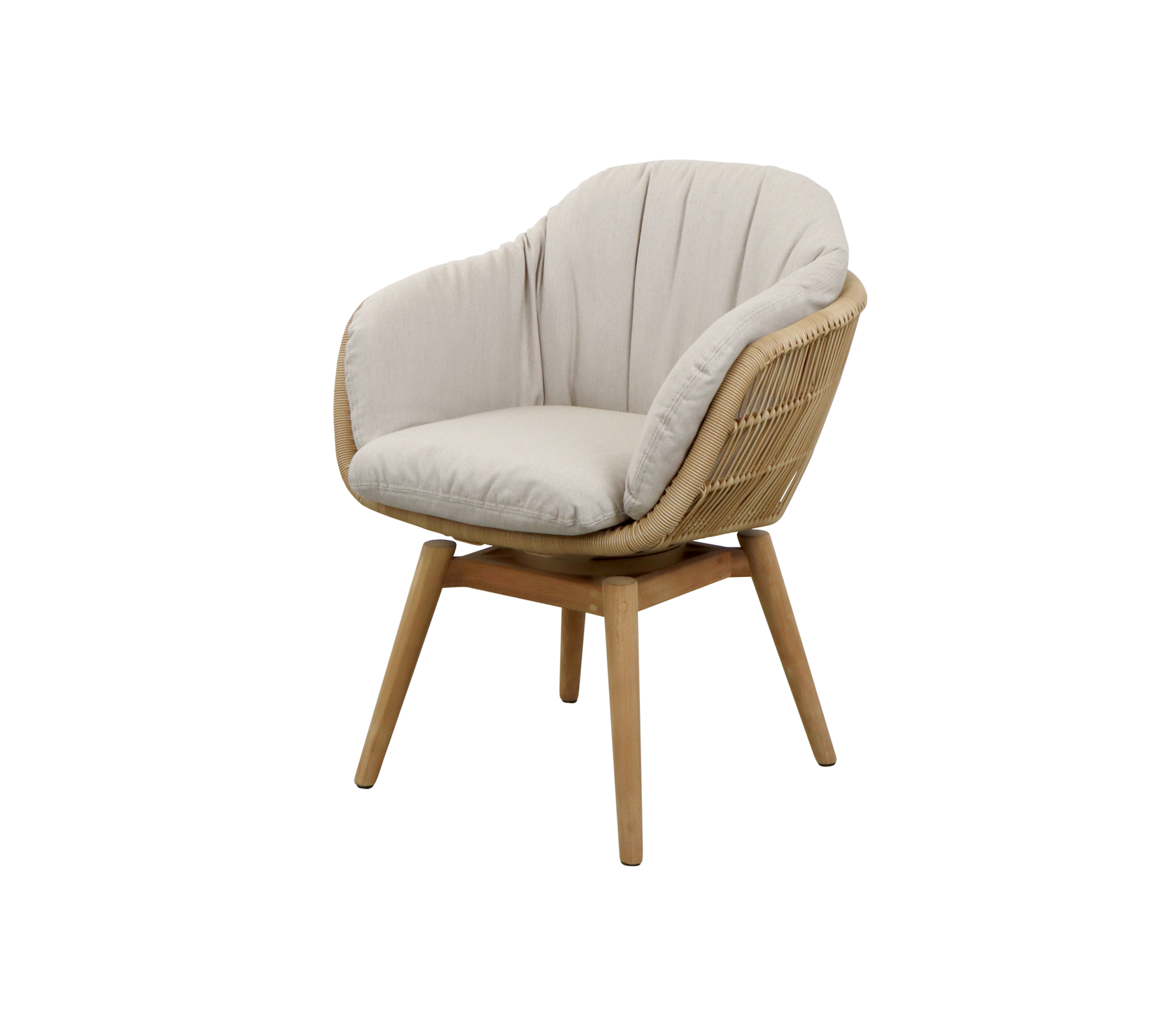 Een stijlvolle stoel met een gebogen rugleuning, zachte crèmekleurige bekleding en een natuurlijk houten frame voor een moderne en gezellige uitstraling.