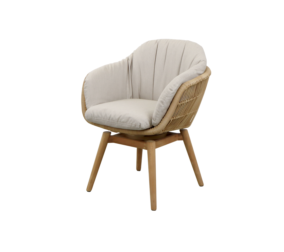 Een stijlvolle stoel met een gebogen rugleuning, zachte crèmekleurige bekleding en een natuurlijk houten frame voor een moderne en gezellige uitstraling.