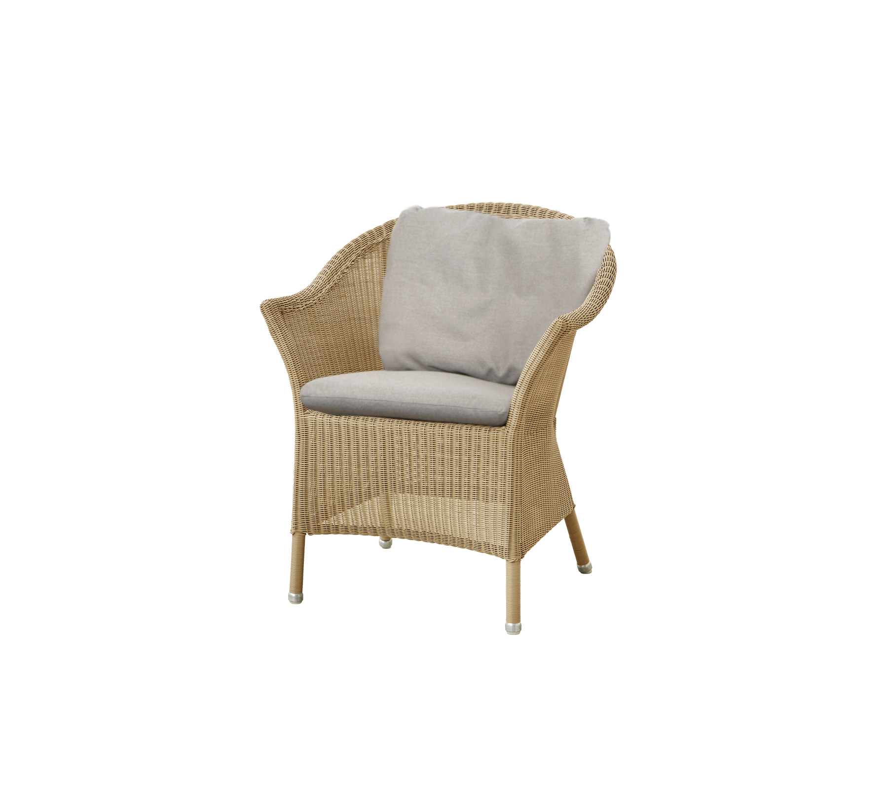 Gevlochten stoel met een comfortabel grijs kussen, met een stijlvol en licht ontwerp dat geschikt is voor ontspannen zitten.