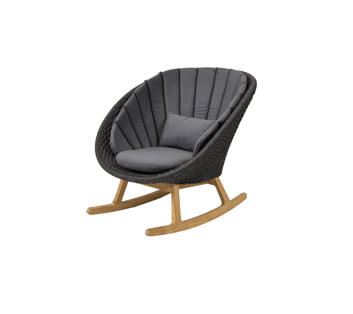 Stijlvolle schommelstoel met een gebogen ontwerp, voorzien van een comfortabele grijze Kussen en een natuurlijke houten basis voor een moderne uitstraling.