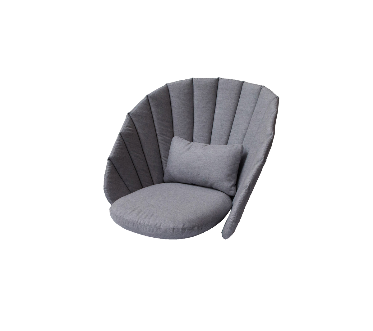 Stijlvolle grijze loungefauteuil met een afgerond ontwerp en een pluche kussen, dat een gezellige zitoptie biedt.