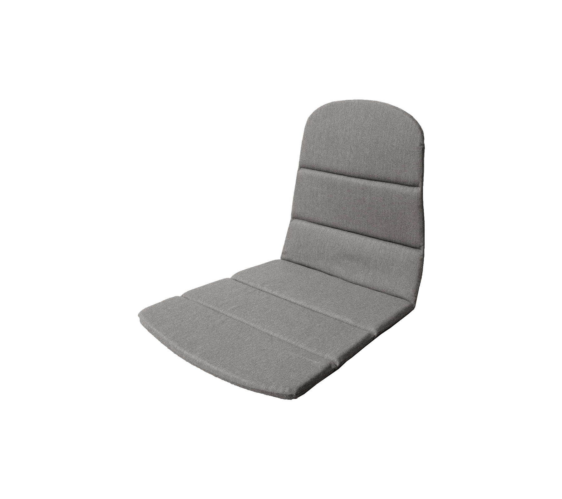 Grijze, gewatteerde zitting met een gestructureerde rugleuning, voorzien van horizontale stiksels voor extra comfort en ondersteuning. Geschikt voor verschillende omgevingen.