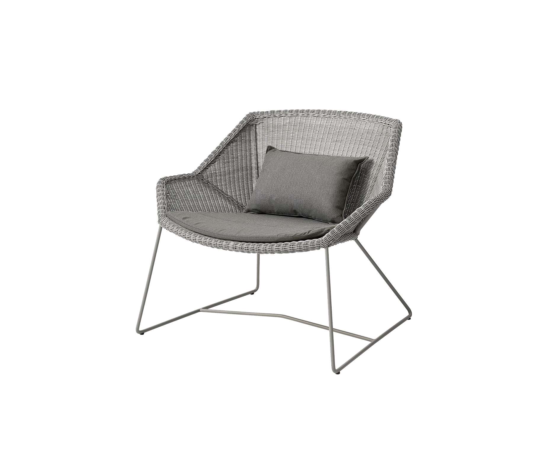 Stijlvolle stoel met een grijs geweven ontwerp en een comfortabele grijze kussen, met slanke metaaldelen voor een moderne uitstraling.