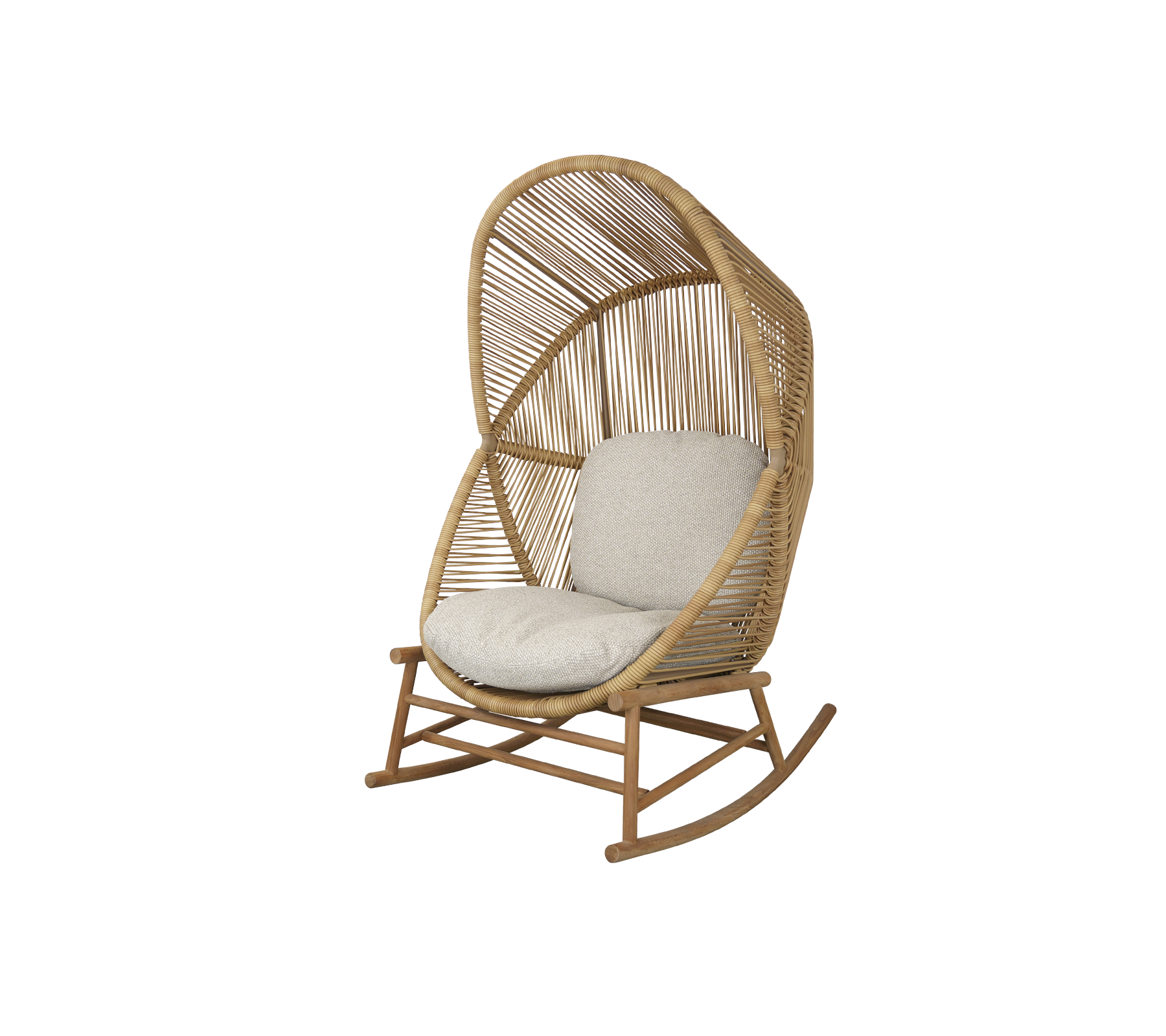 Een stijlvolle schommelstoel met een geweven ontwerp en een zacht kussen, perfect voor een gezellige ontspanning.