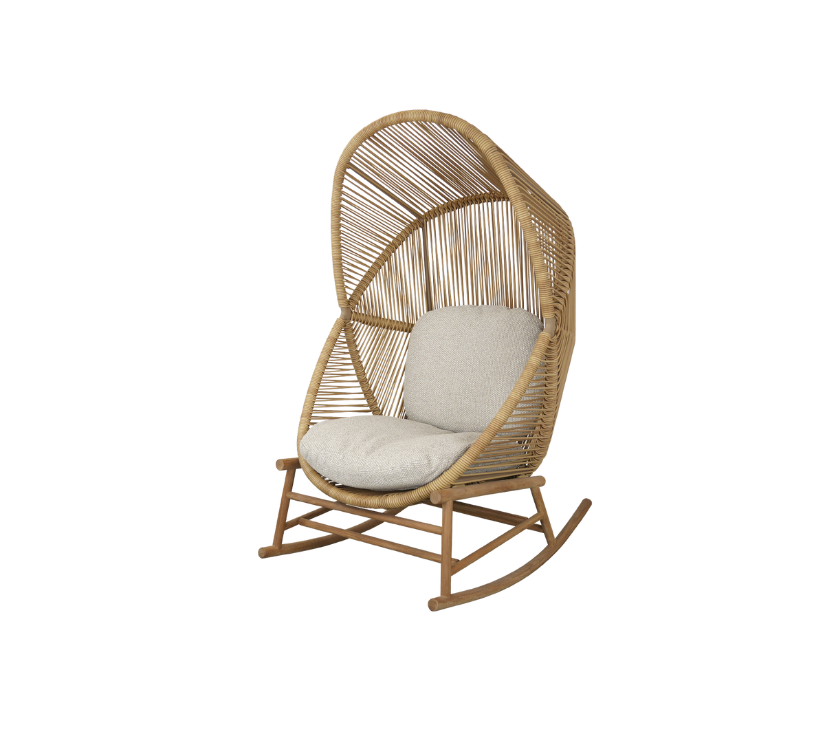 Een stijlvolle schommelstoel met een geweven ontwerp en een zacht kussen, perfect voor een gezellige ontspanning.