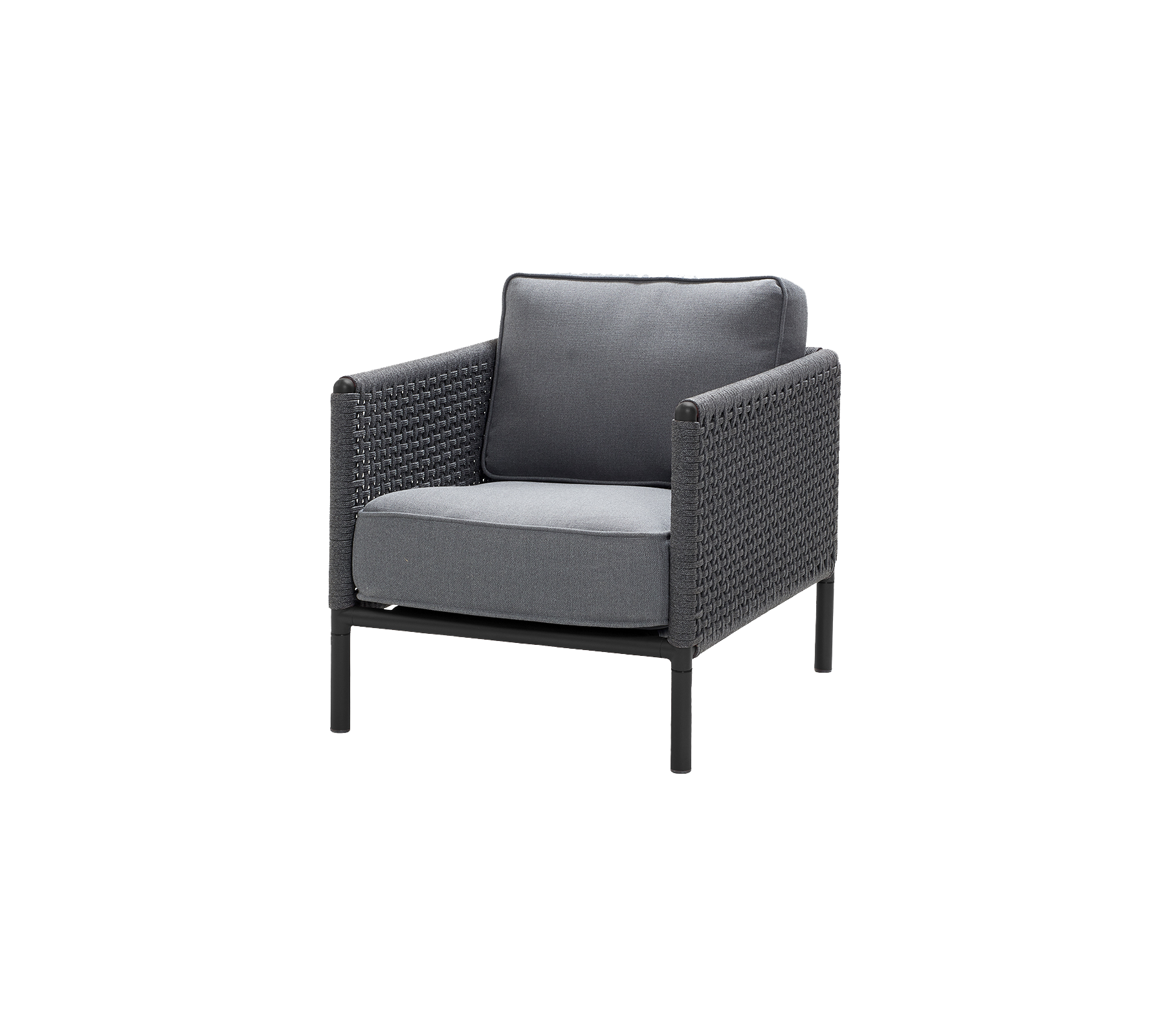 Stijlvolle stoel met een grijze kussen en geweven textuur, ontworpen voor comfort en moderne esthetiek. Ideaal voor verschillende omgevingen.