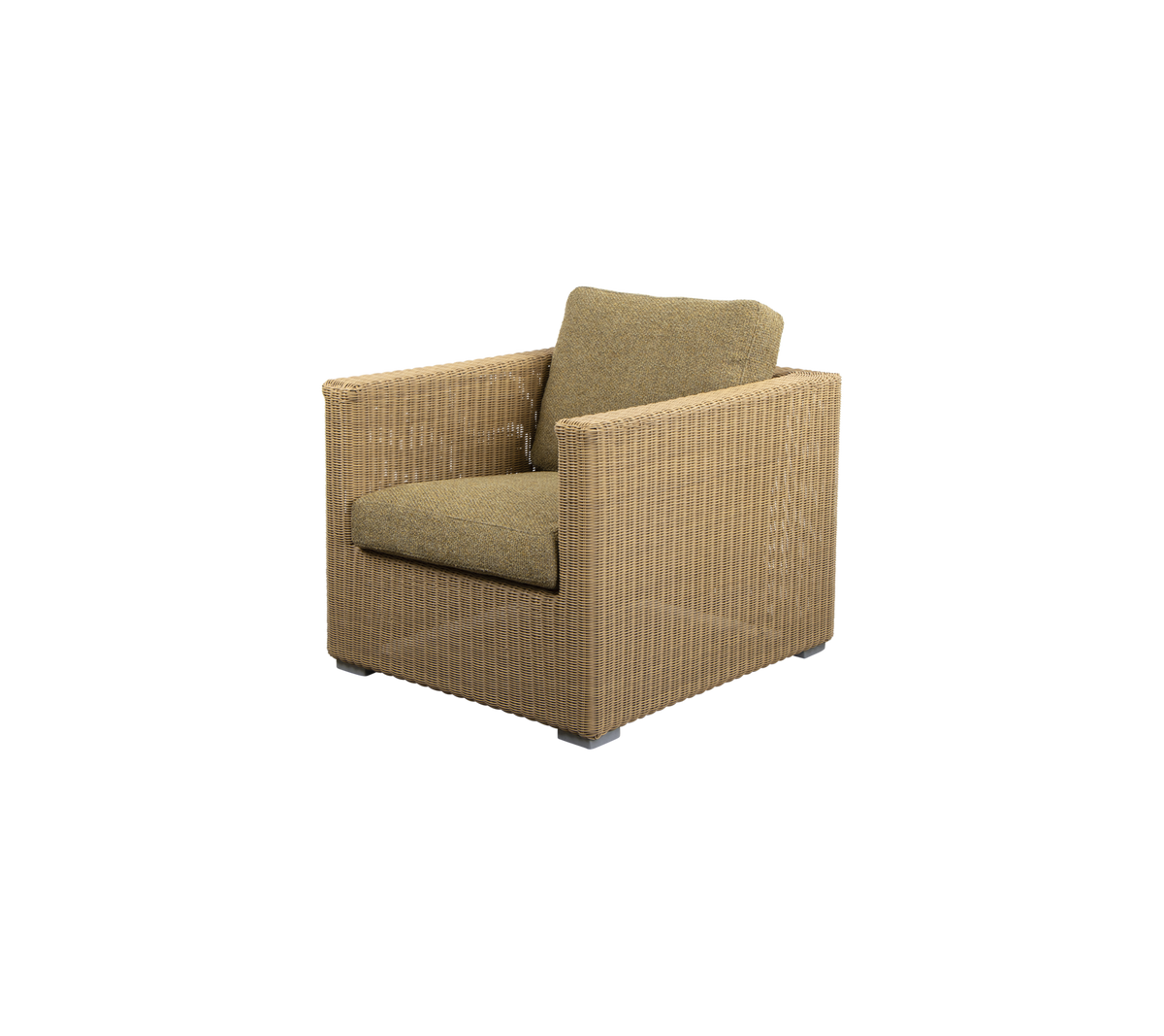 Een comfortabele, moderne stoel met een geweven textuur en een zacht groen kussen, perfect voor ontspanning en stijl.