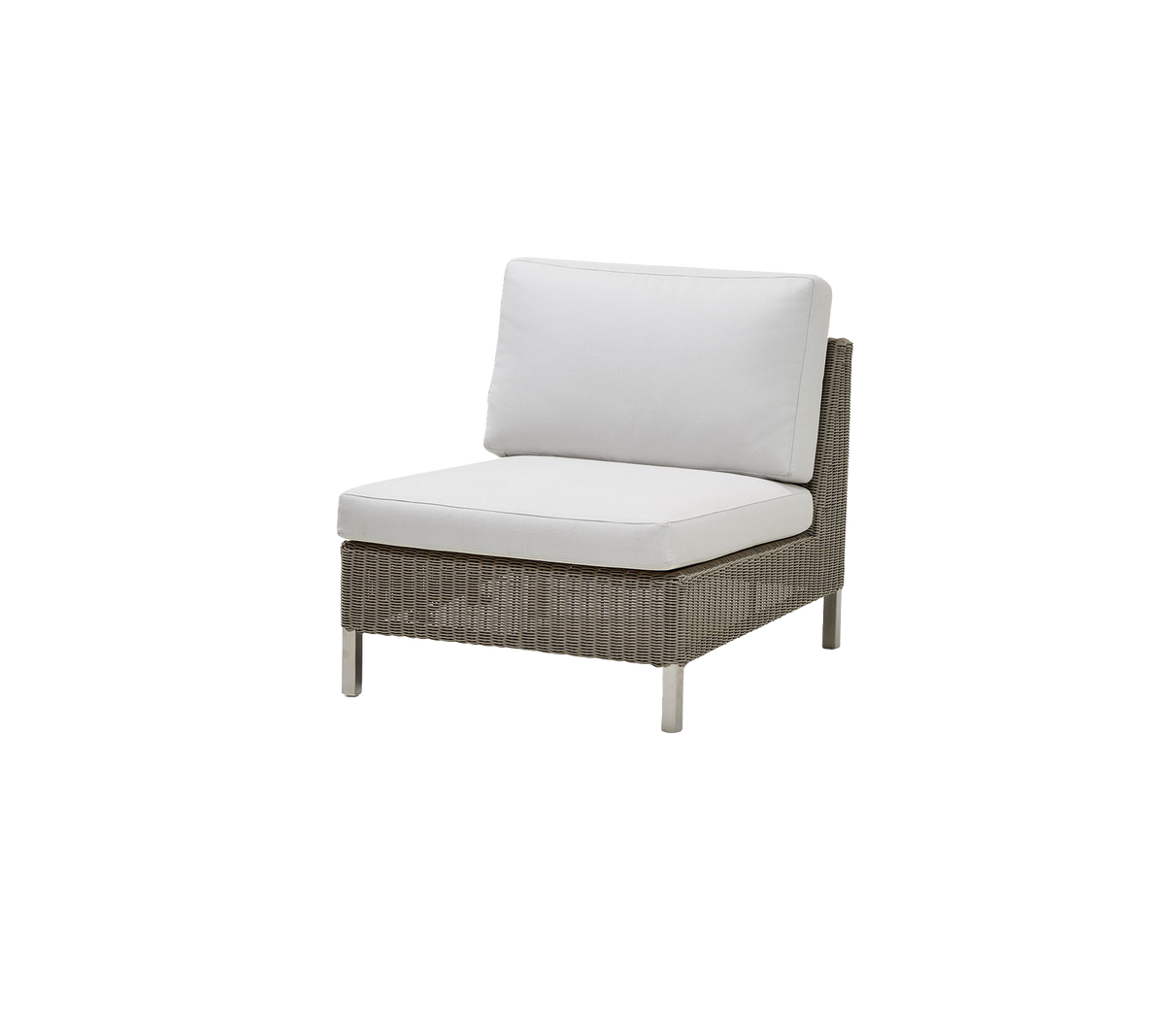 Moderne stoel met een geweven basis en een comfortabele witte kussen, ideaal voor ontspanning en stijl.