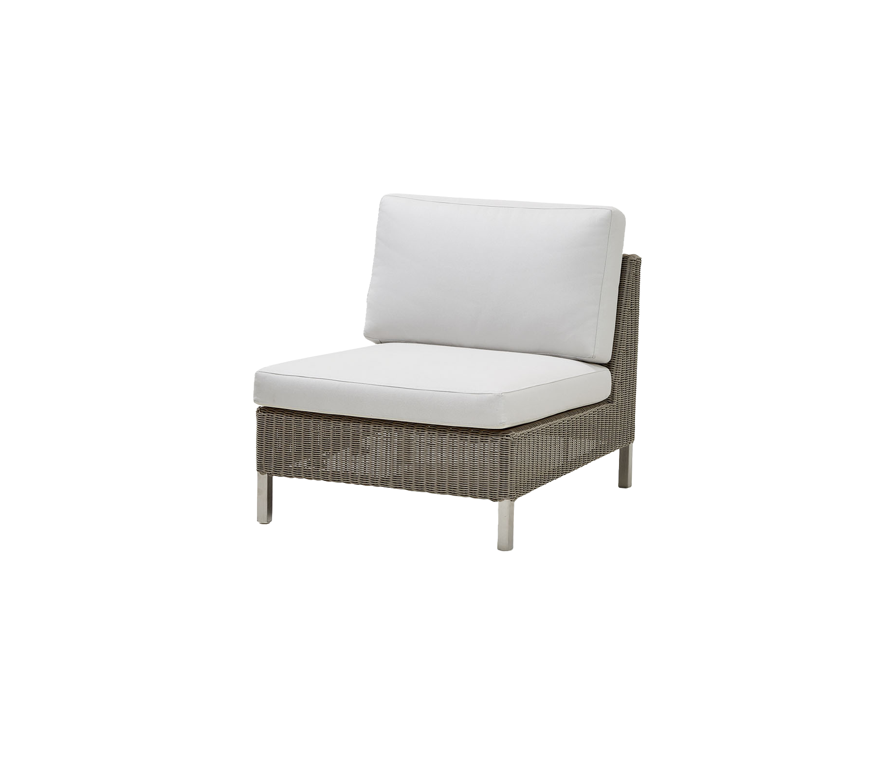Moderne stoel met een geweven basis en een comfortabele witte kussen, ideaal voor ontspanning en stijl.