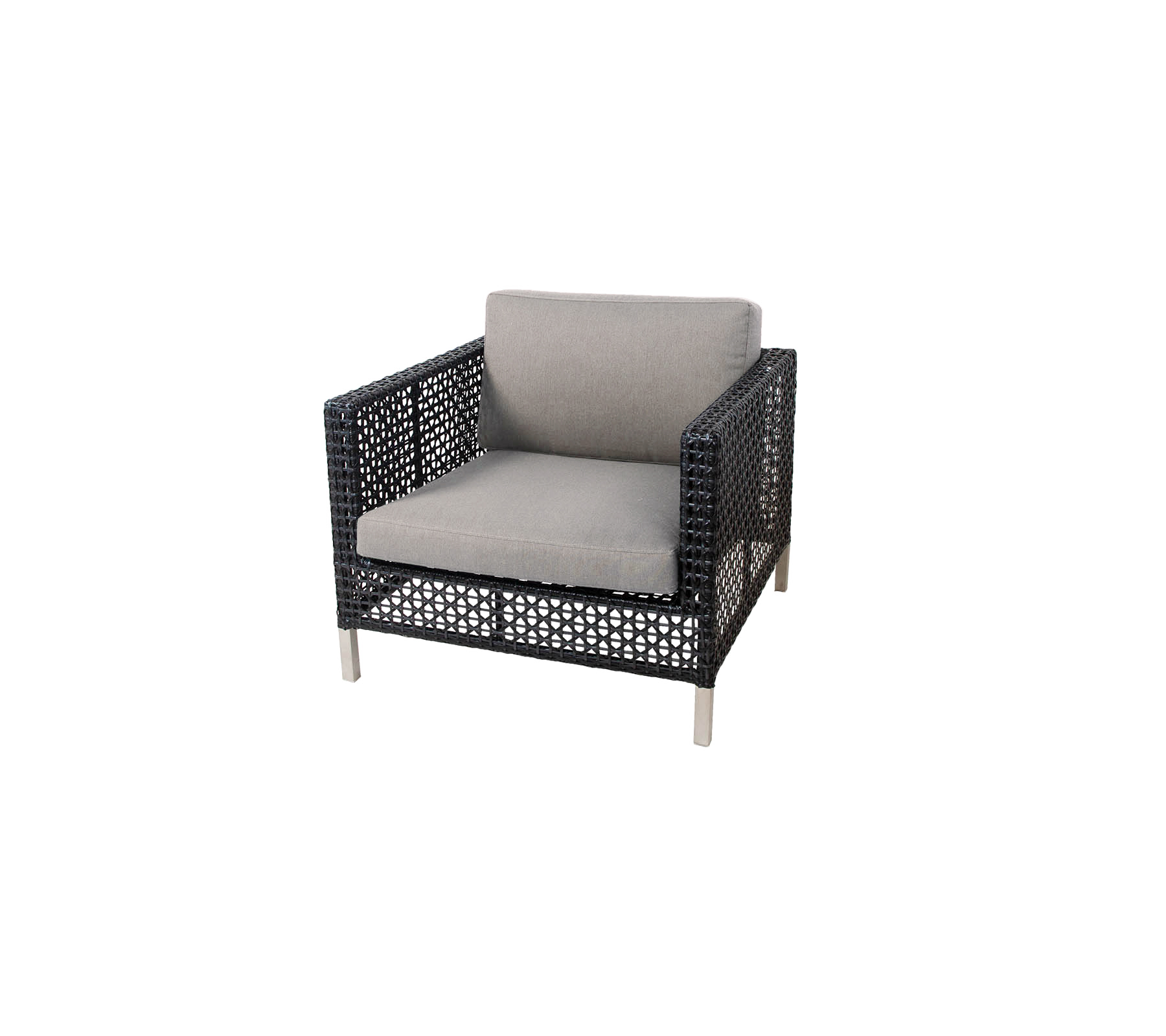 Stijlvolle fauteuil met een geweven structuur en een comfortabele lichtgrijze kussen, perfect voor moderne zitarrangementen.