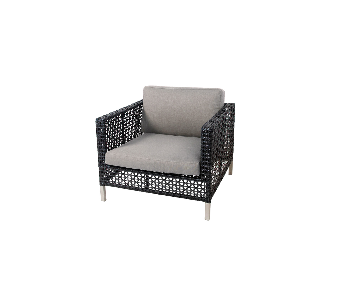 Stijlvolle fauteuil met een geweven structuur en een comfortabele lichtgrijze kussen, perfect voor moderne zitarrangementen.