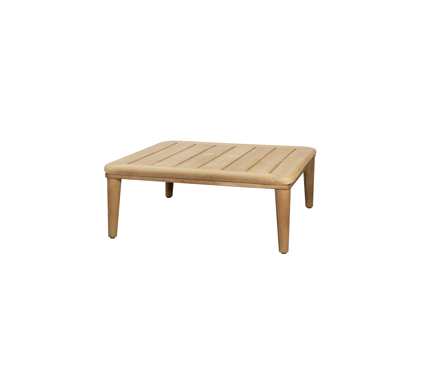 Vierkant houten tafel met een lattenblad en vier stevige poten, ontworpen voor veelzijdig gebruik in verschillende omgevingen.