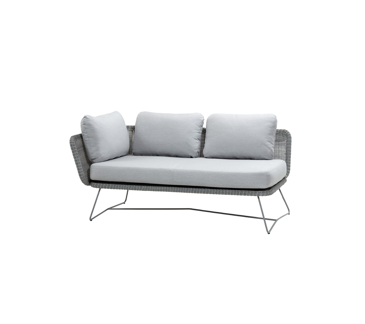 Moderne bank met een slank grijs frame en zachte lichtgrijze kussens, ontworpen voor comfort en stijl. Ideaal voor elke ontspanningsruimte.
