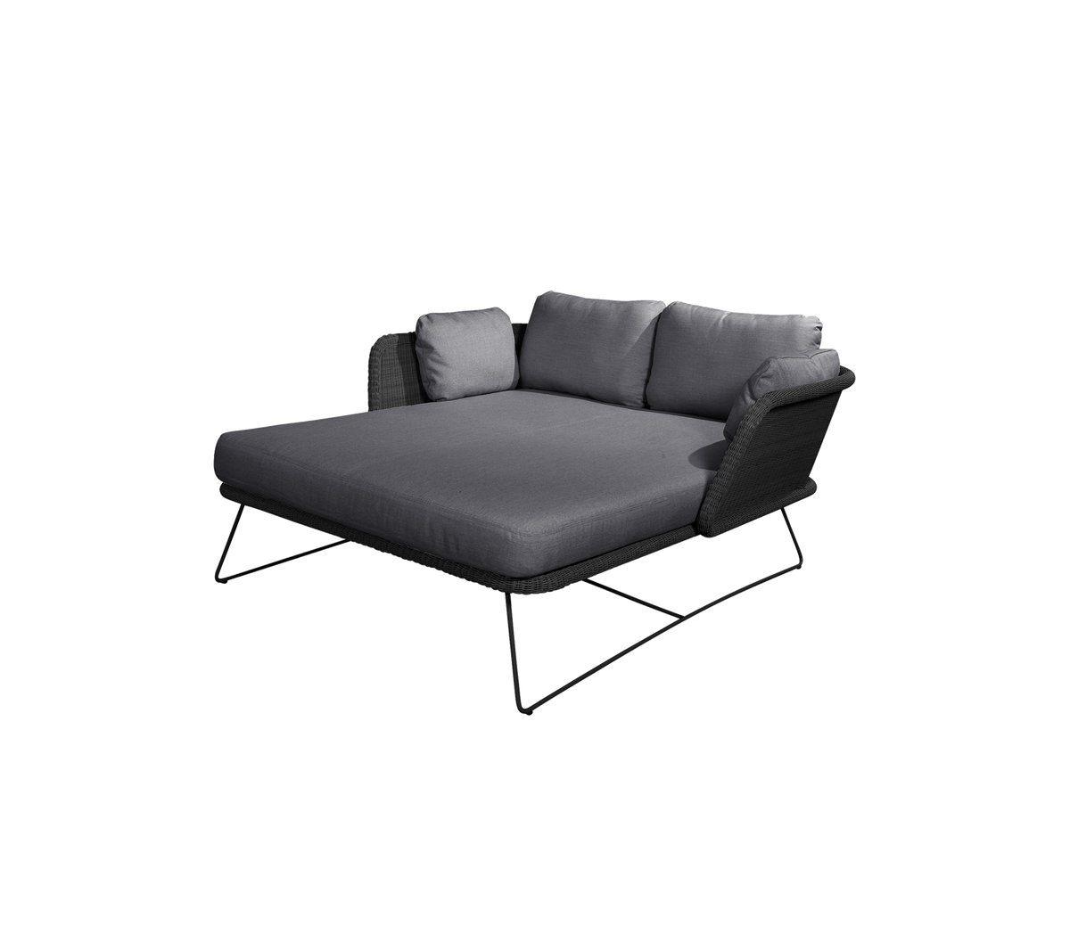 Stijlvolle grijze lounge stoel met plush kussens en slanke metalen voeten, perfect voor ontspanning.