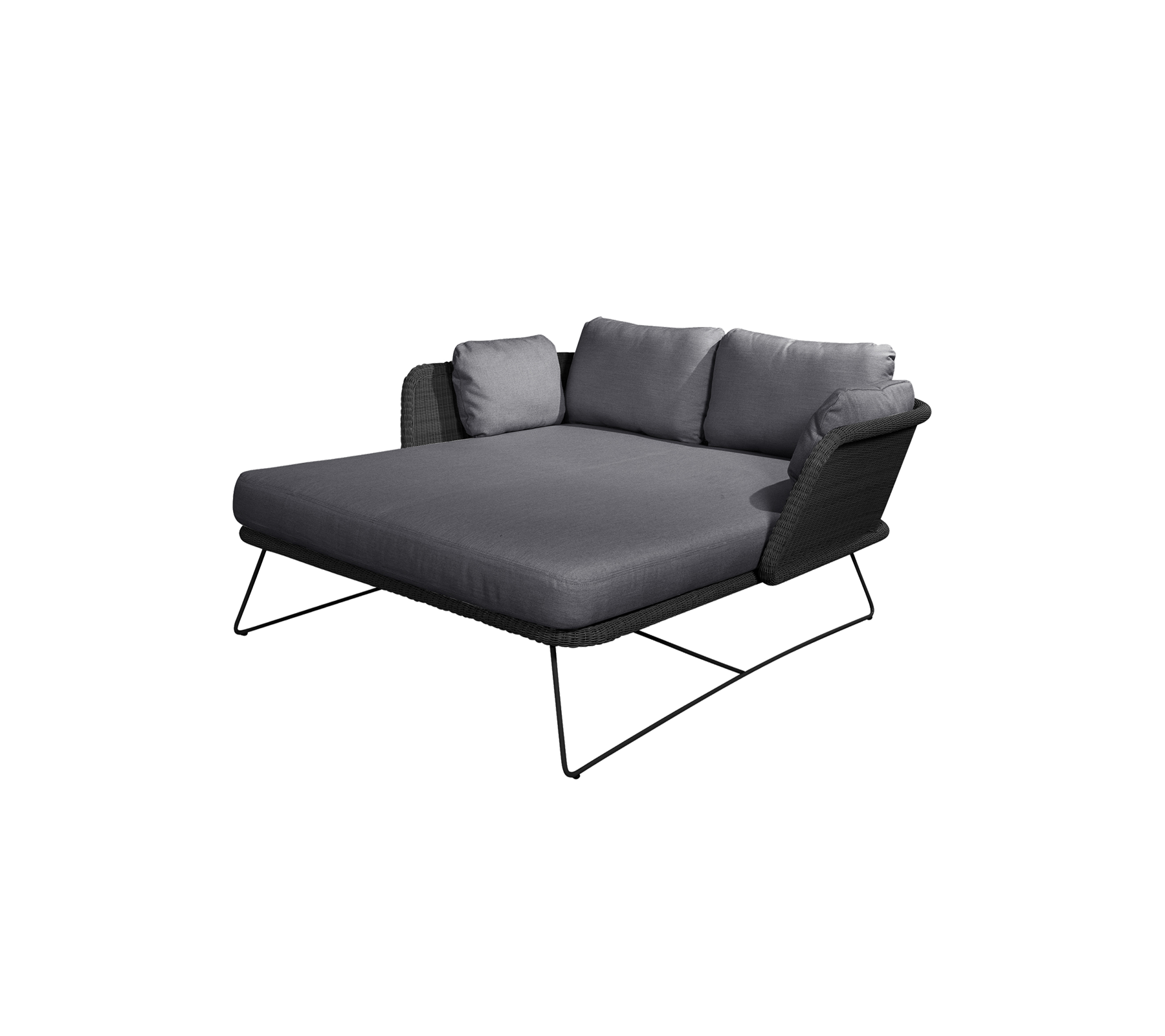 Stijlvolle grijze lounge stoel met plush kussens en slanke metalen voeten, perfect voor ontspanning.